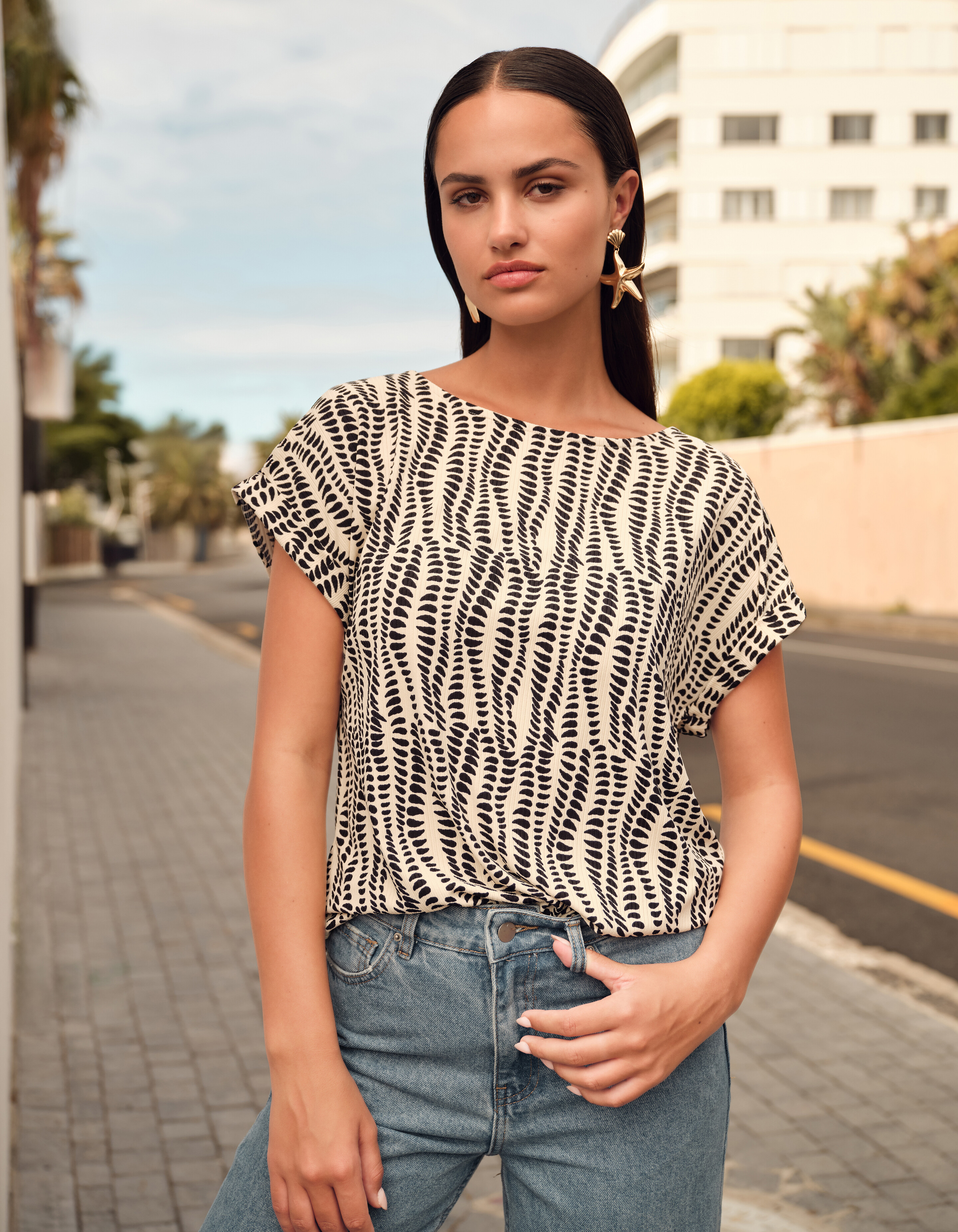 Printed Jersey Rib Top Wit SHOEBY WOMEN