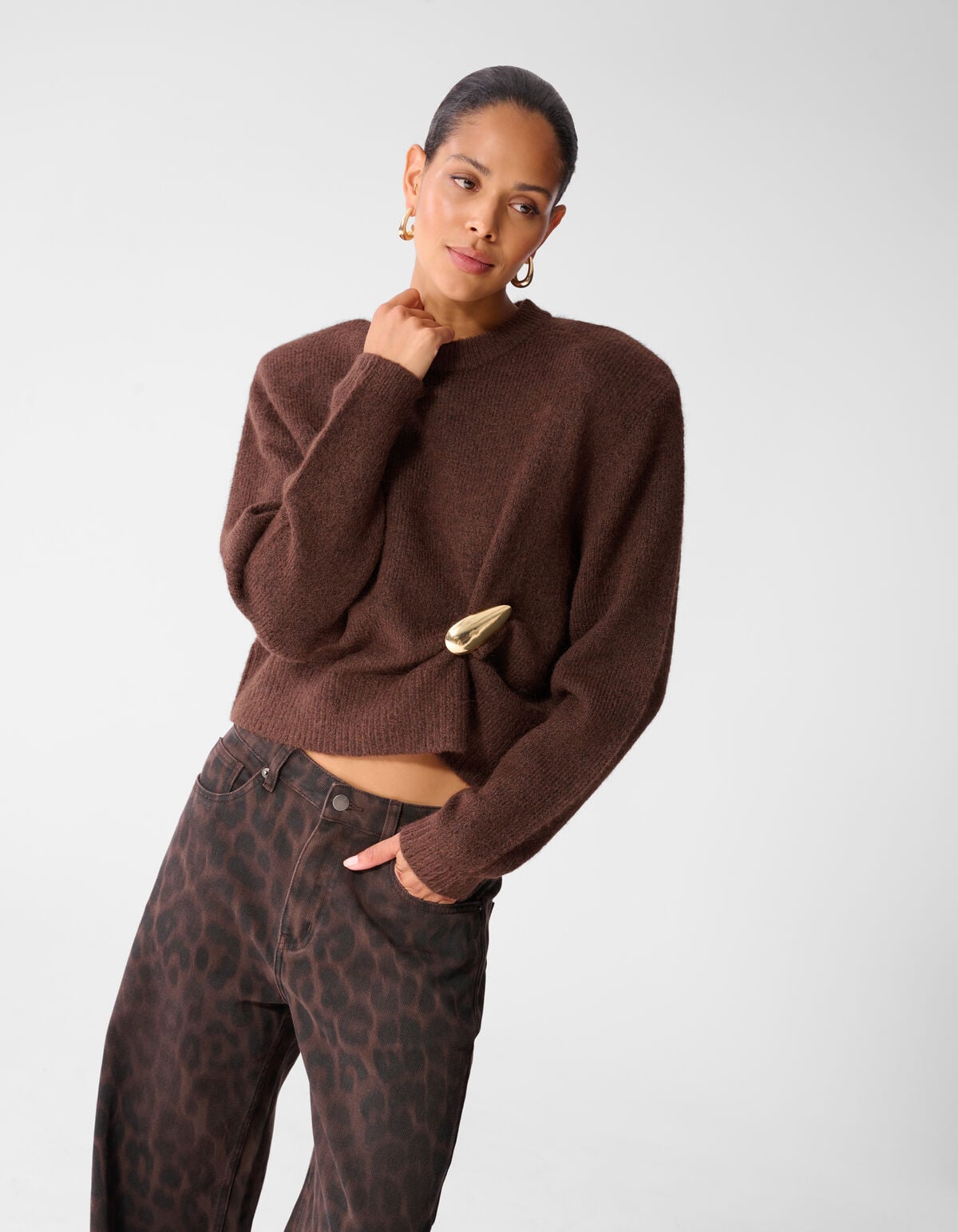 Shoulder Crew Gebreide Trui Bruin SHOEBY WOMEN