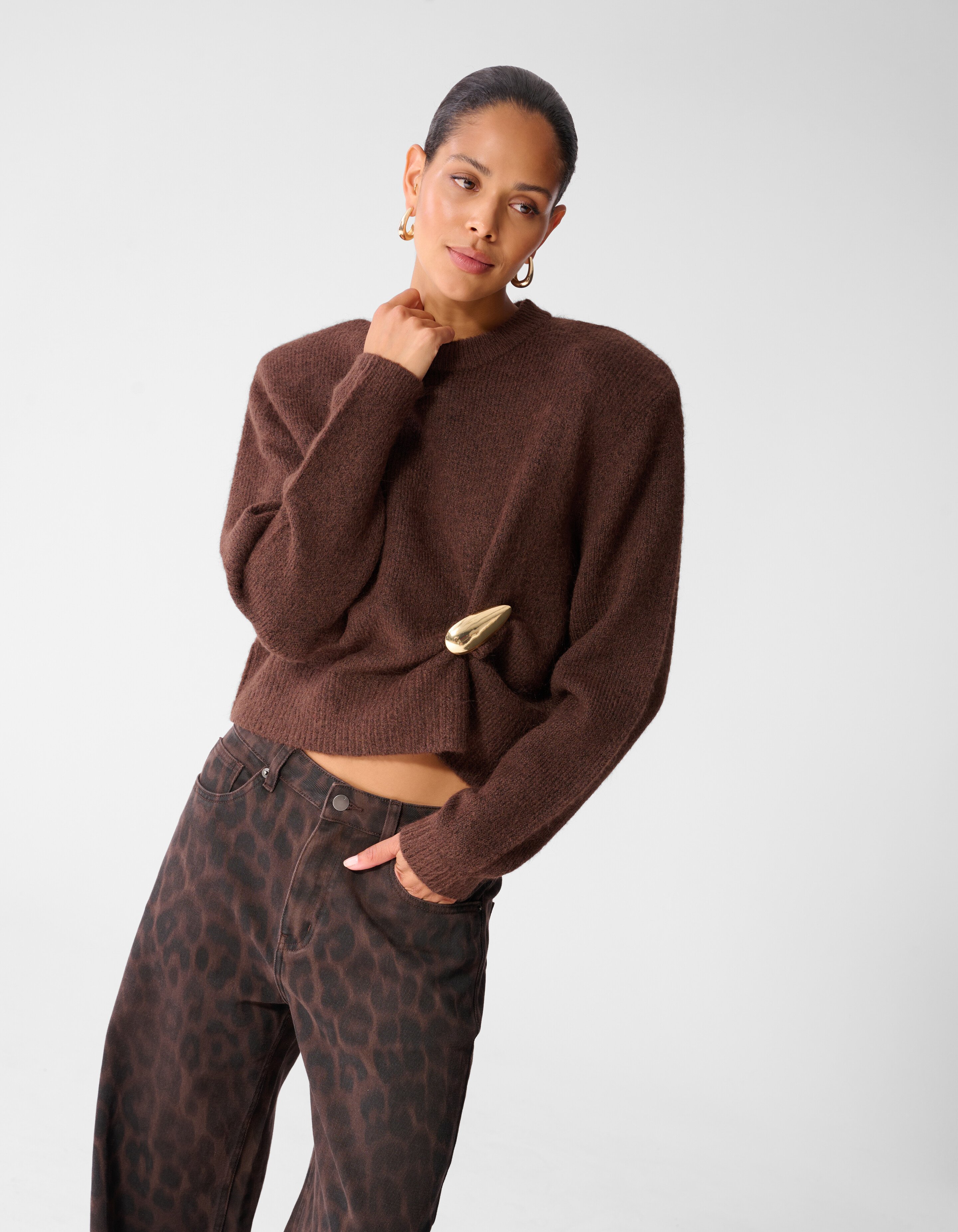 Shoulder Crew Gebreide Trui Bruin SHOEBY WOMEN