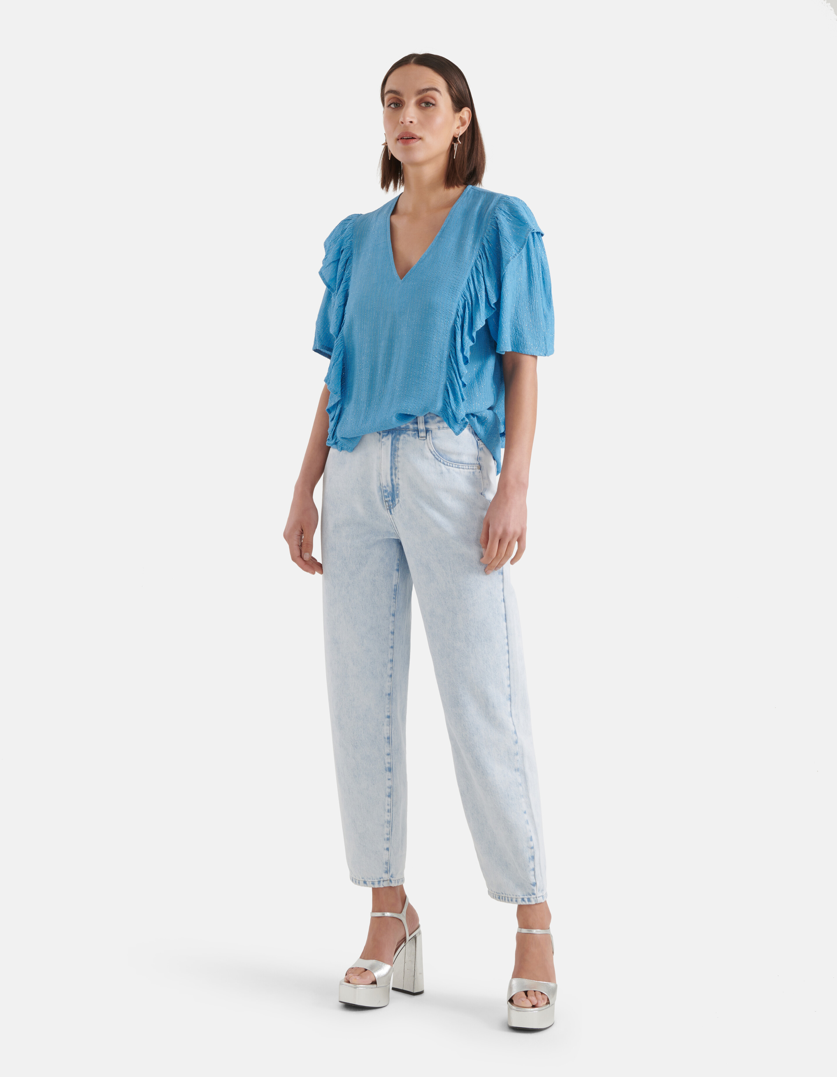 Ruffle Lurex Top Blauw SHOEBY WOMEN