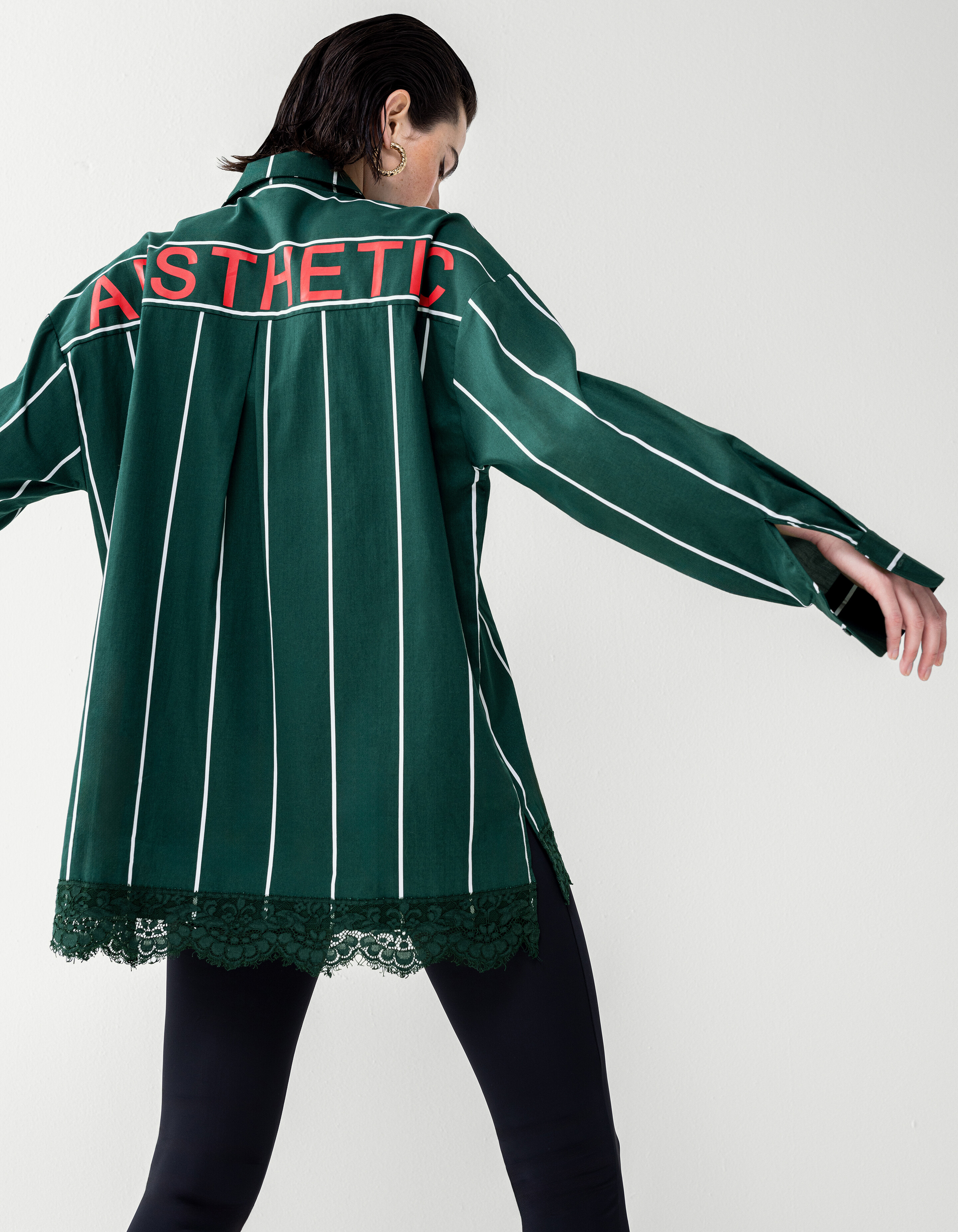 Kanten Pinstripe Blouse Donkergroen SHOEBY WOMEN
