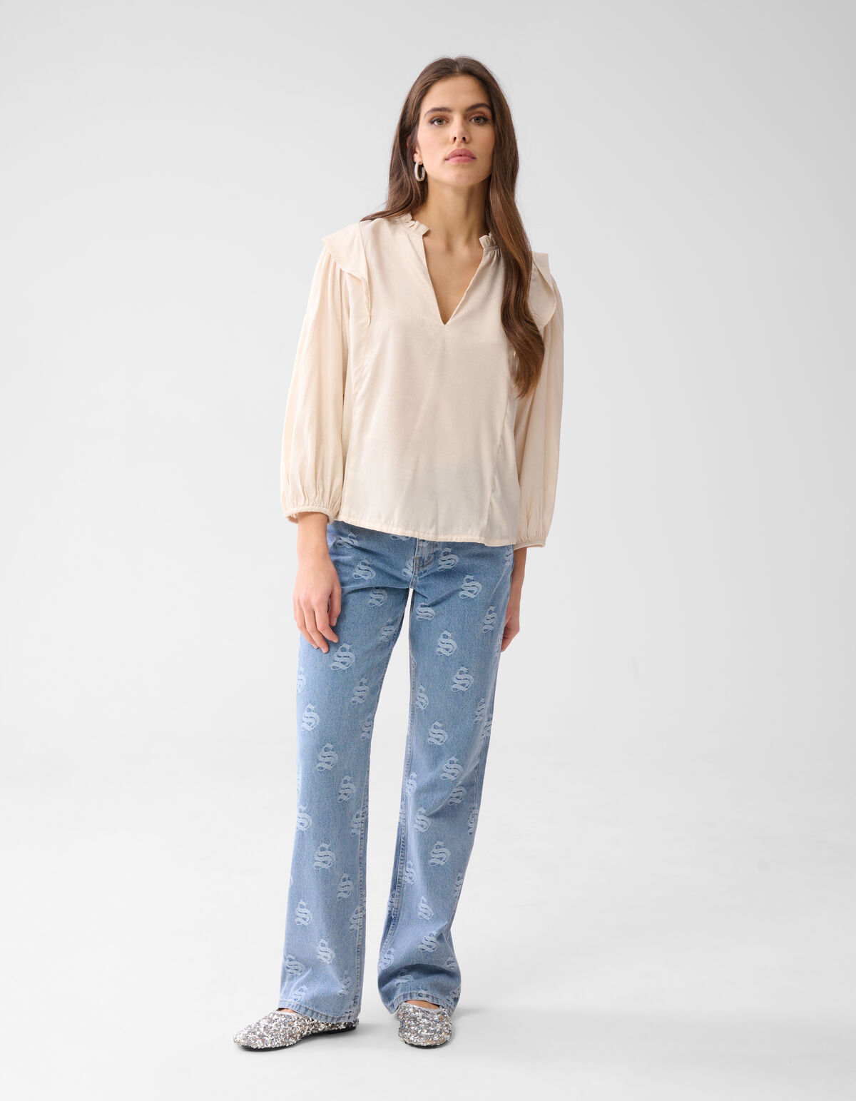 Shine Ruffle Blouse Gebroken Wit SHOEBY WOMEN