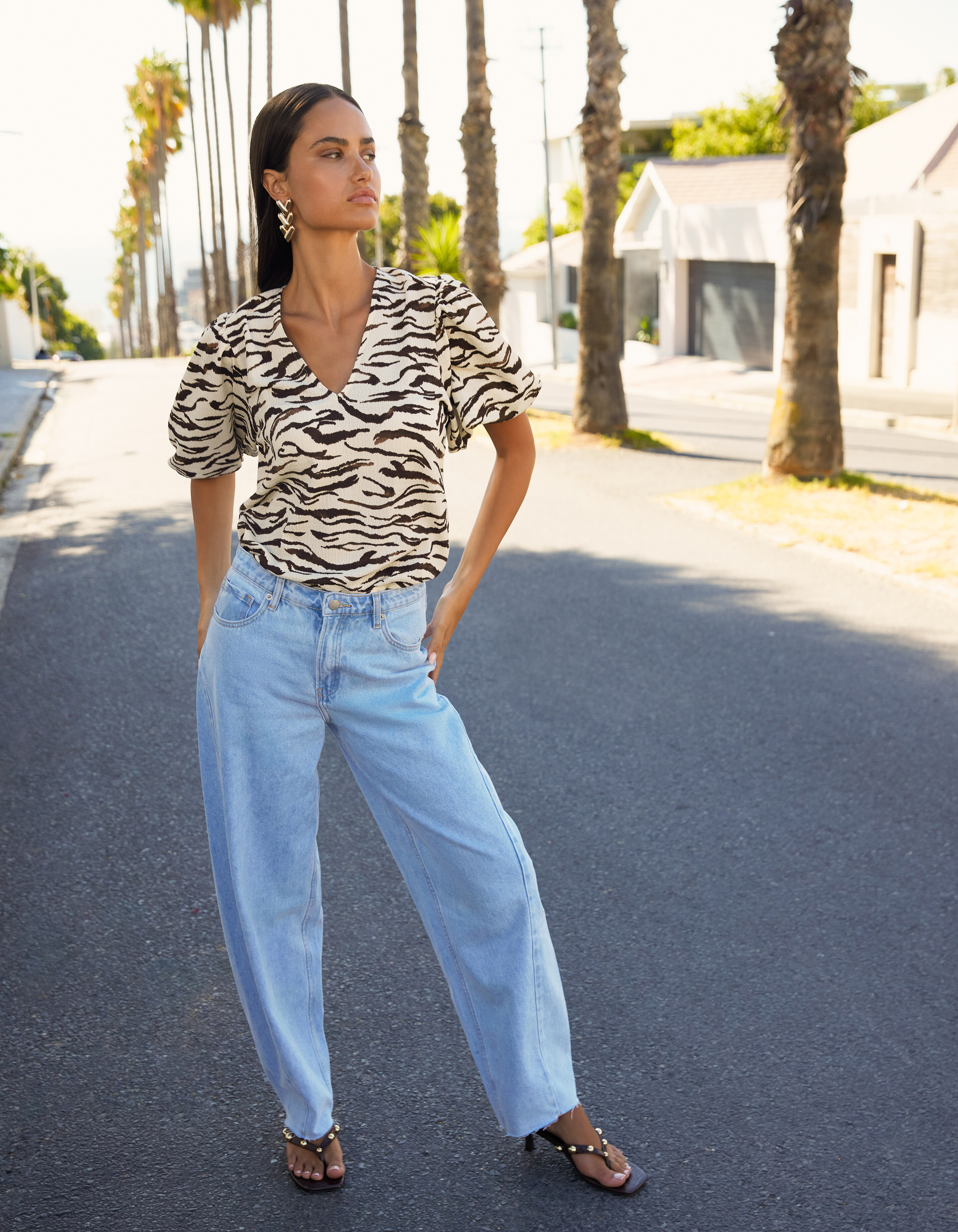 Zebra Crinkle V-Hals Top Gebroken Wit SHOEBY WOMEN