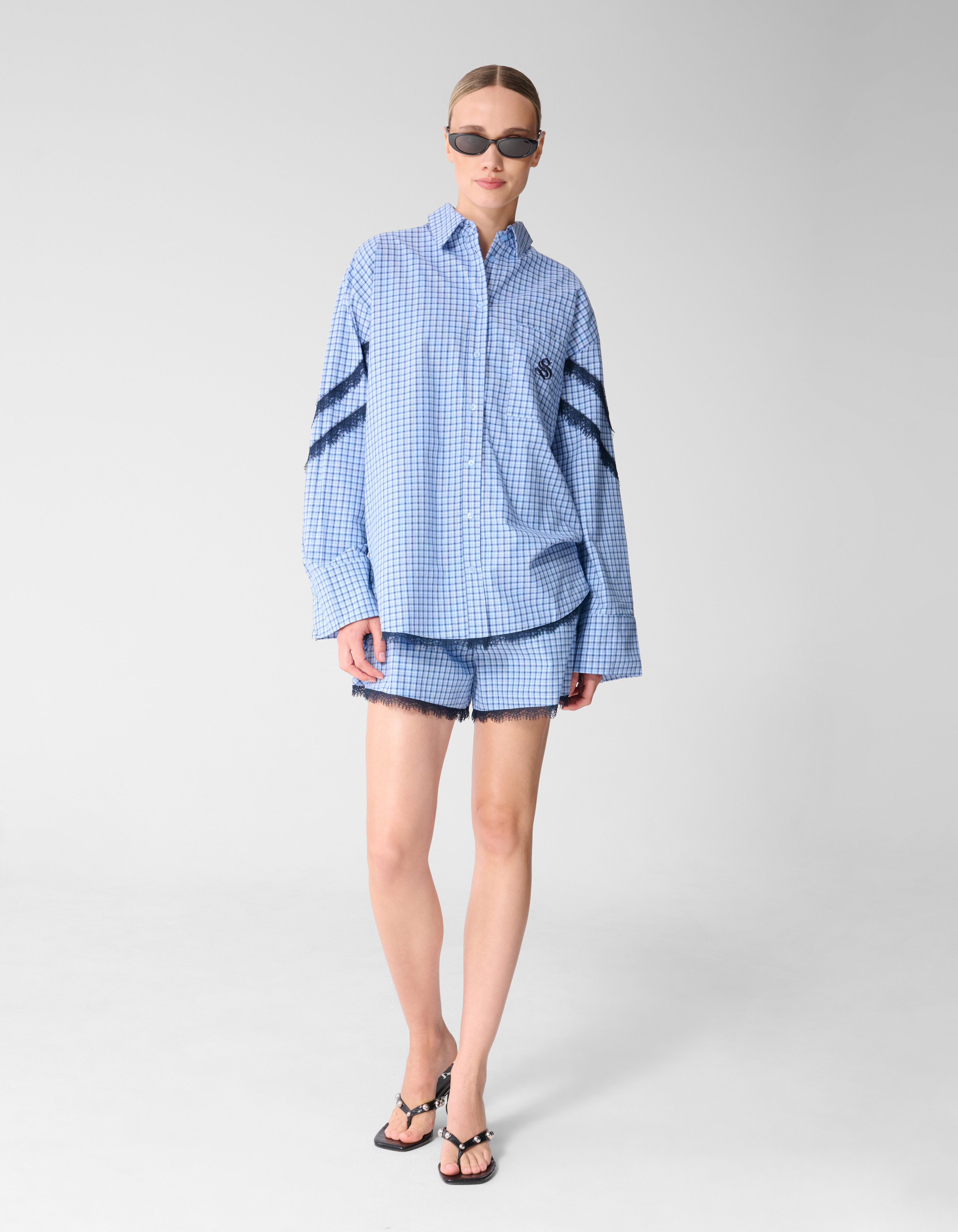 Kanten Ruiten Blouse Blauw SHOEBY WOMEN