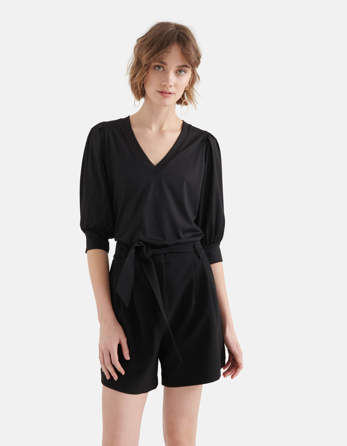 Rib V-hals Top Zwart SHOEBY WOMEN