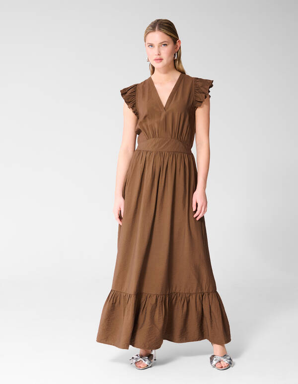 Ruffle V-hals Maxi Jurk Donkerbruin SHOEBY WOMEN