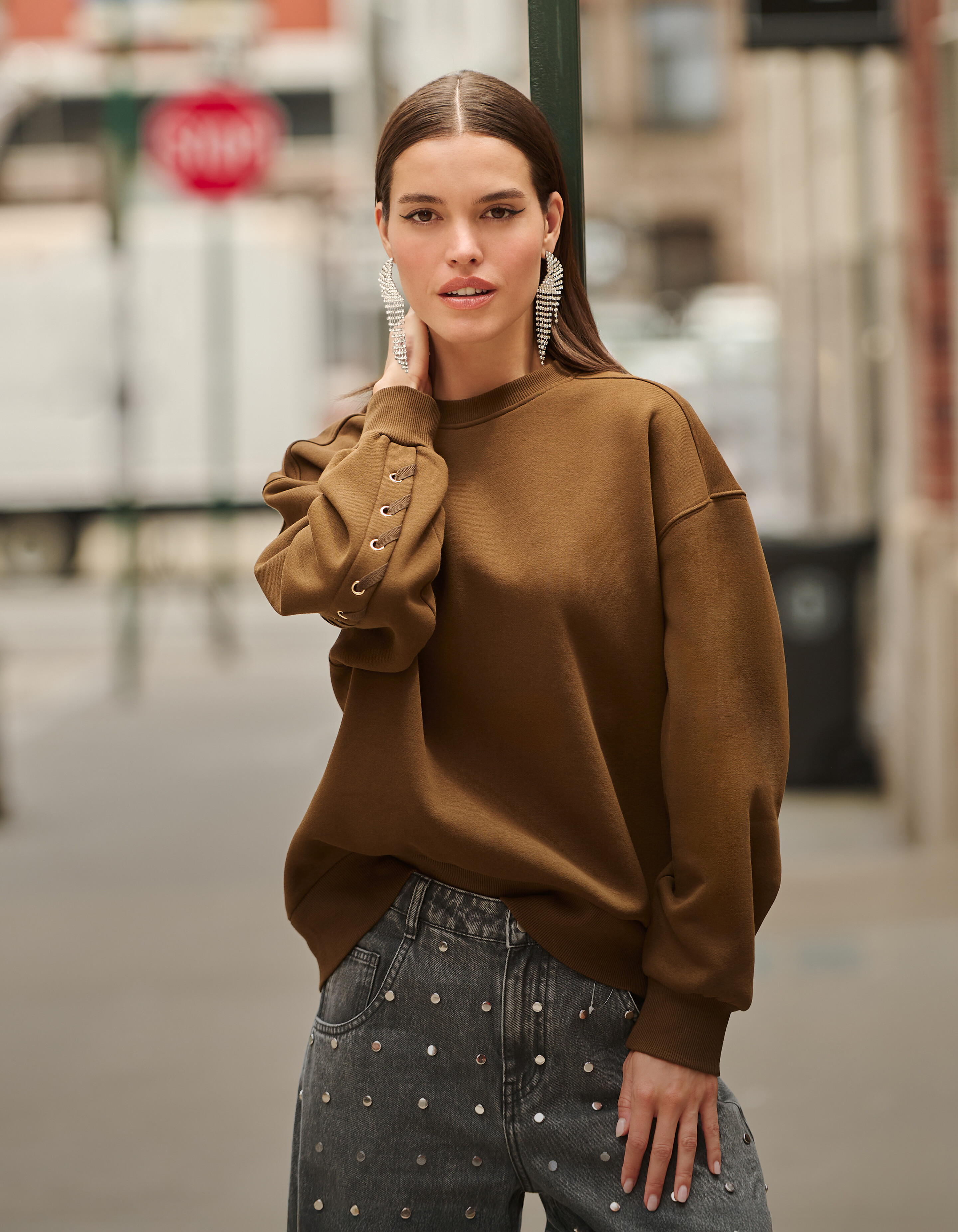 Lace Up Sweater Khaki SHOEBY WOMEN