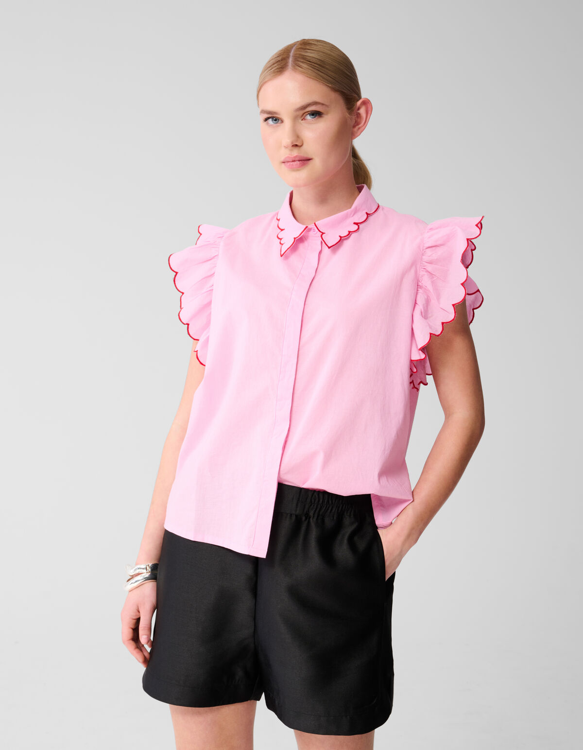 Embroidery Ruffle Top Roze SHOEBY WOMEN