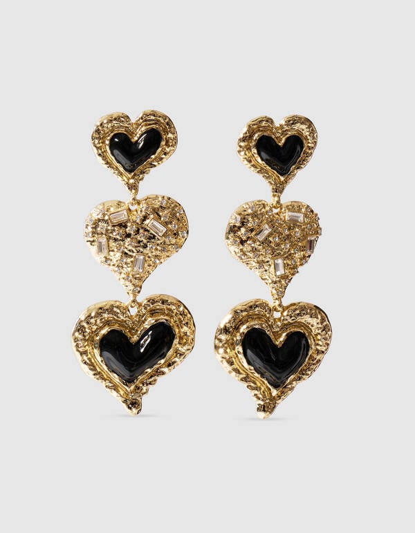 Triple Zwarte Hartjes Oorbellen Goud SHOEBY ACCESSOIRES