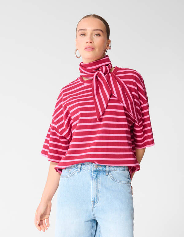 Scarf Striped T-shirt Roze/Rood SHOEBY WOMEN