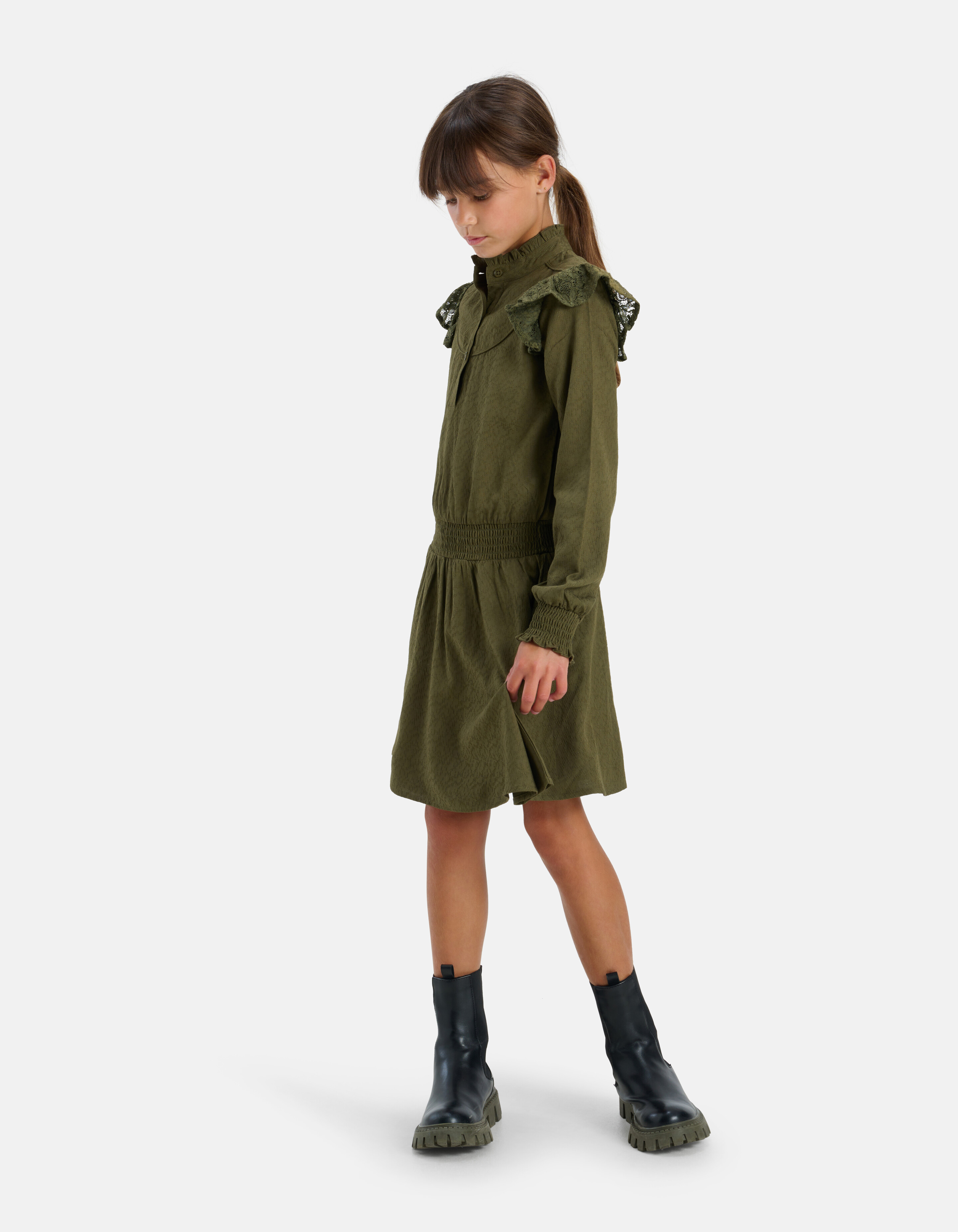 Kanten Ruffle Jurk Donkergroen SHOEBY GIRLS