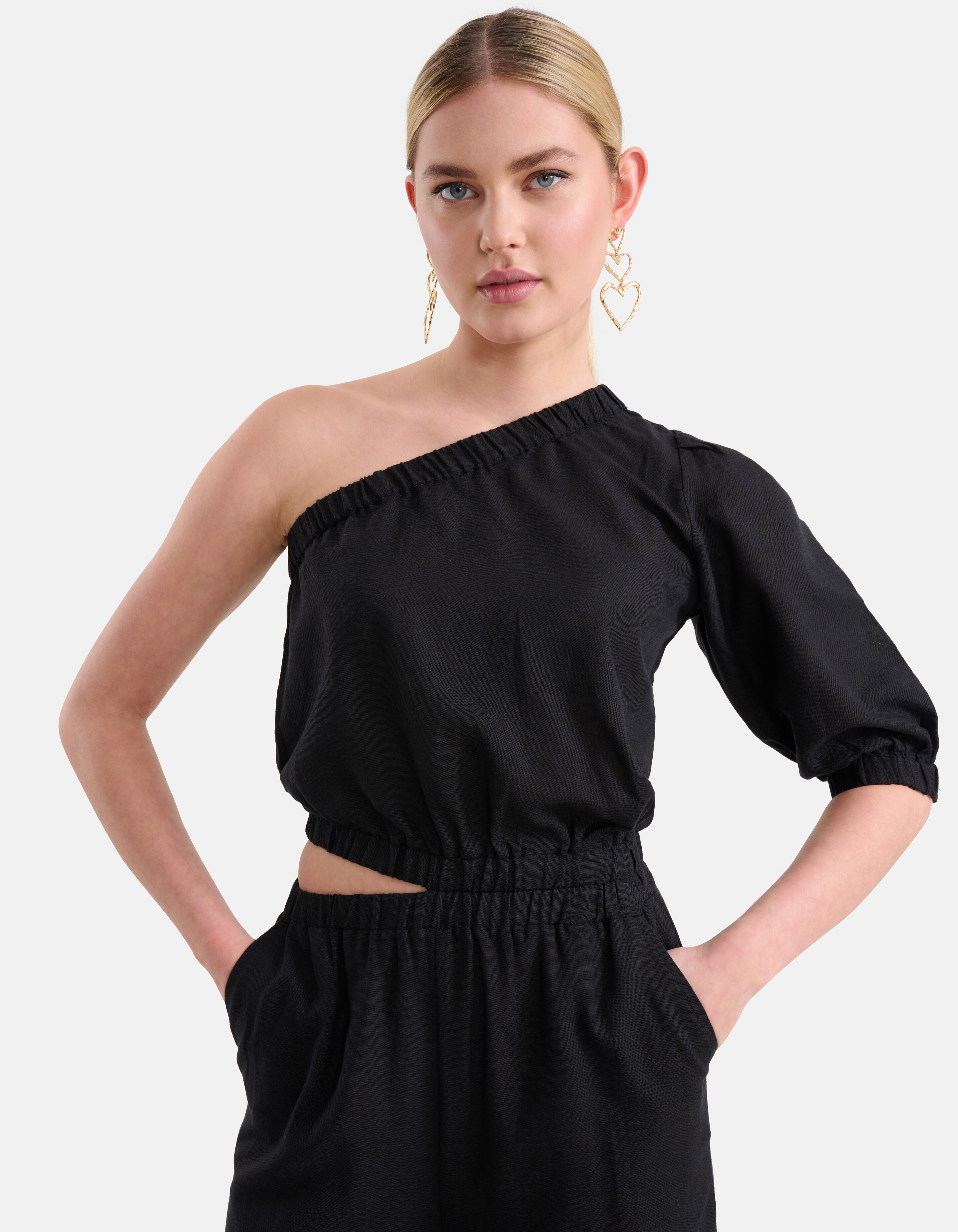 Linnen One Shoulder Jumpsuit Zwart SHOEBY WOMEN