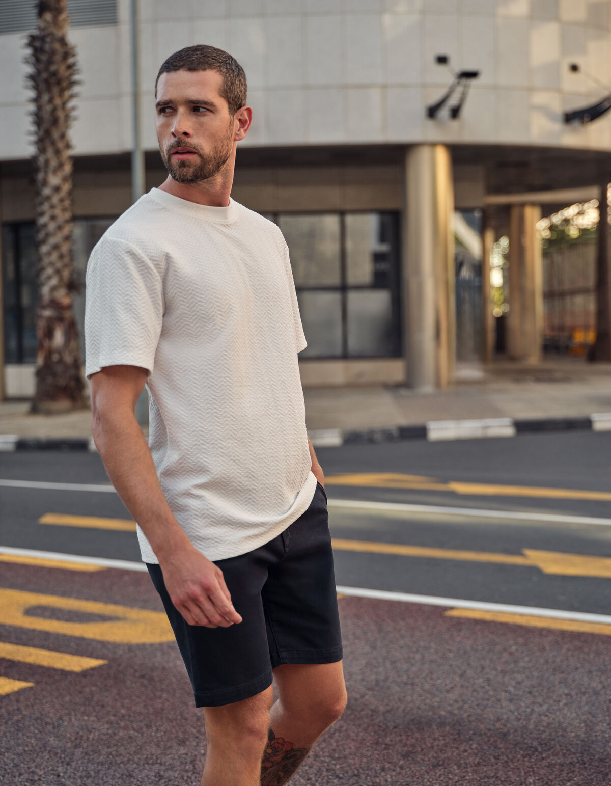 Structuur Jacquard T-shirt Gebroken Wit SHOEBY MEN