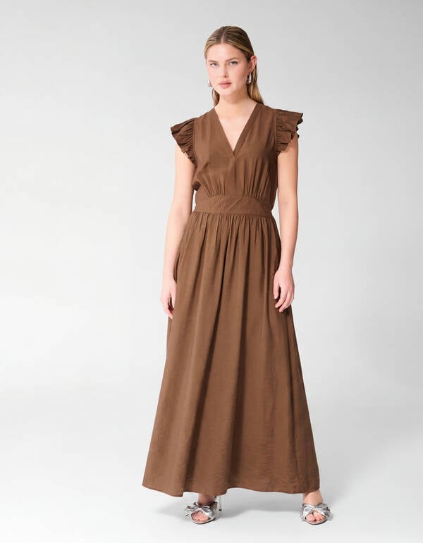 Ruffle V-hals Maxi Jurk Donkerbruin SHOEBY WOMEN