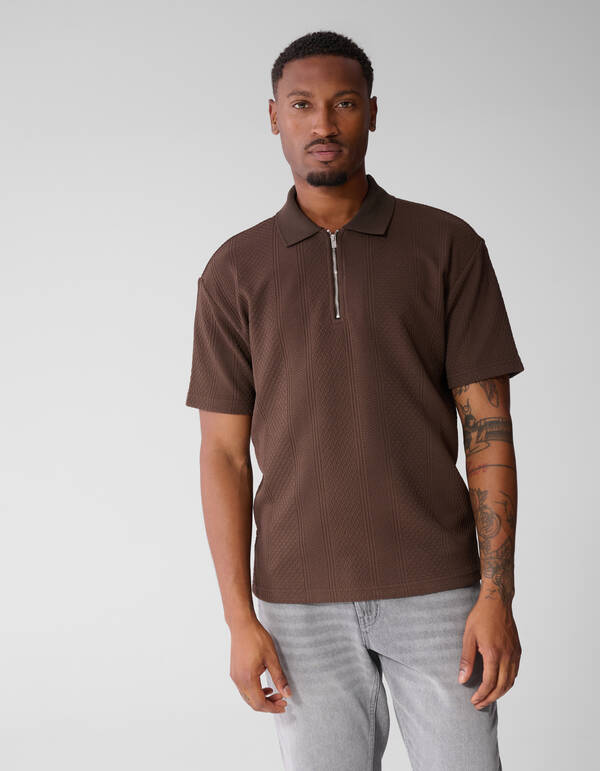 Stripe Structuur Zip Polo Donkerbruin SHOEBY MEN