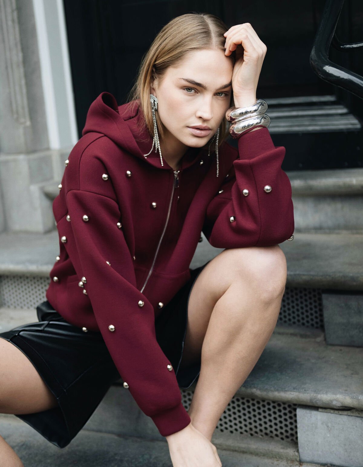 Oversized Studs Hoodie Vest Donkerrood SHOEBY WOMEN