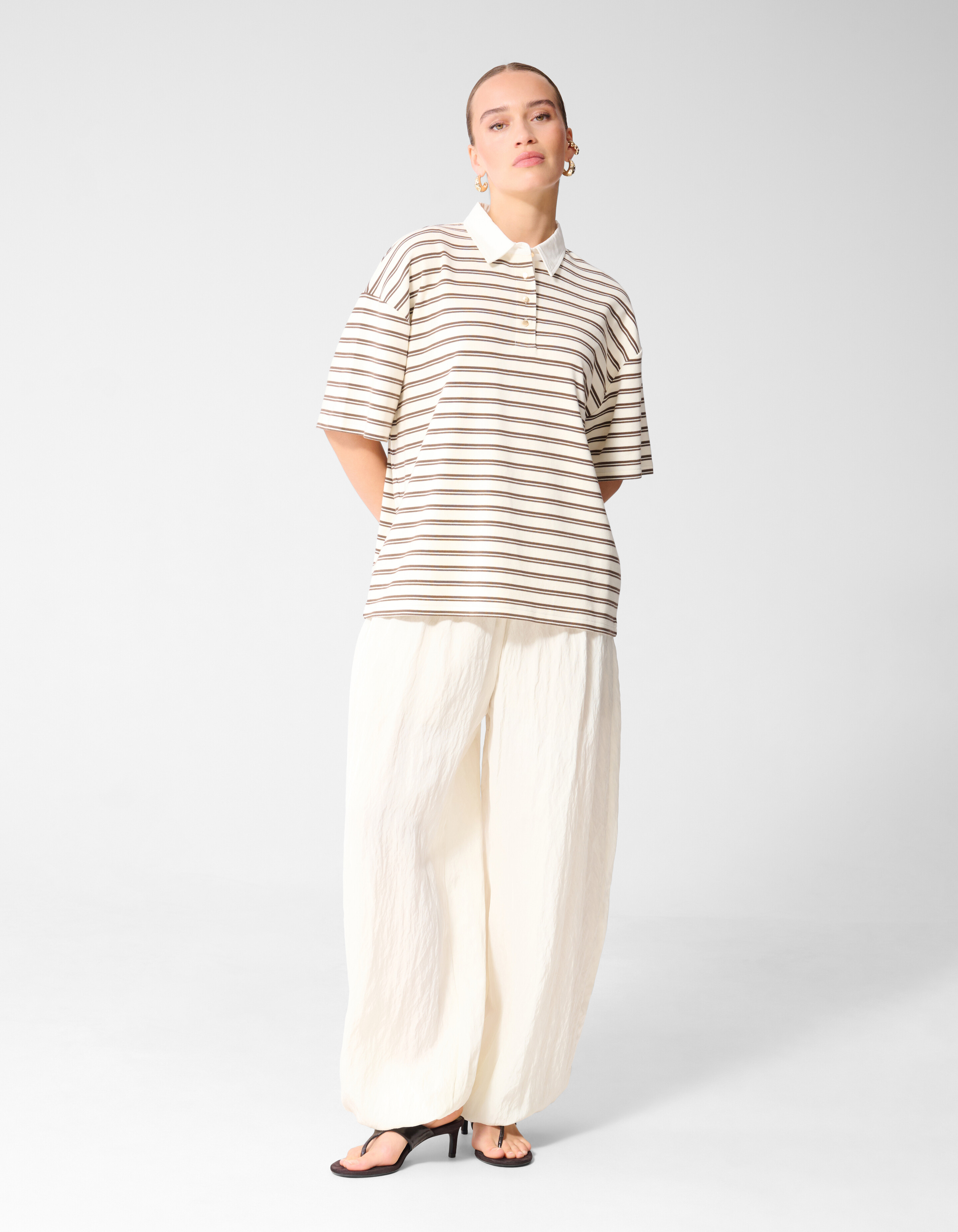Oversized Stripe Short Sleeve Polo Bruin SHOEBY WOMEN