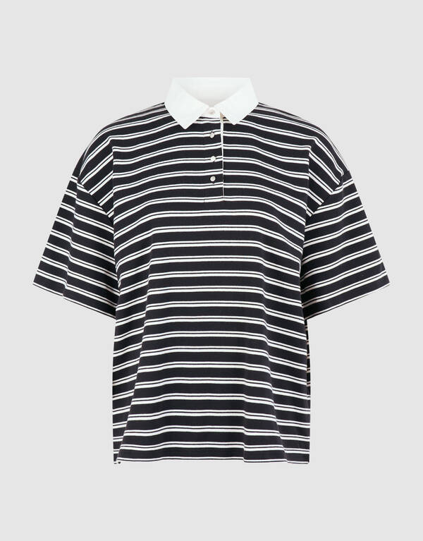 Oversized Stripe Short Sleeve Polo Zwart SHOEBY WOMEN