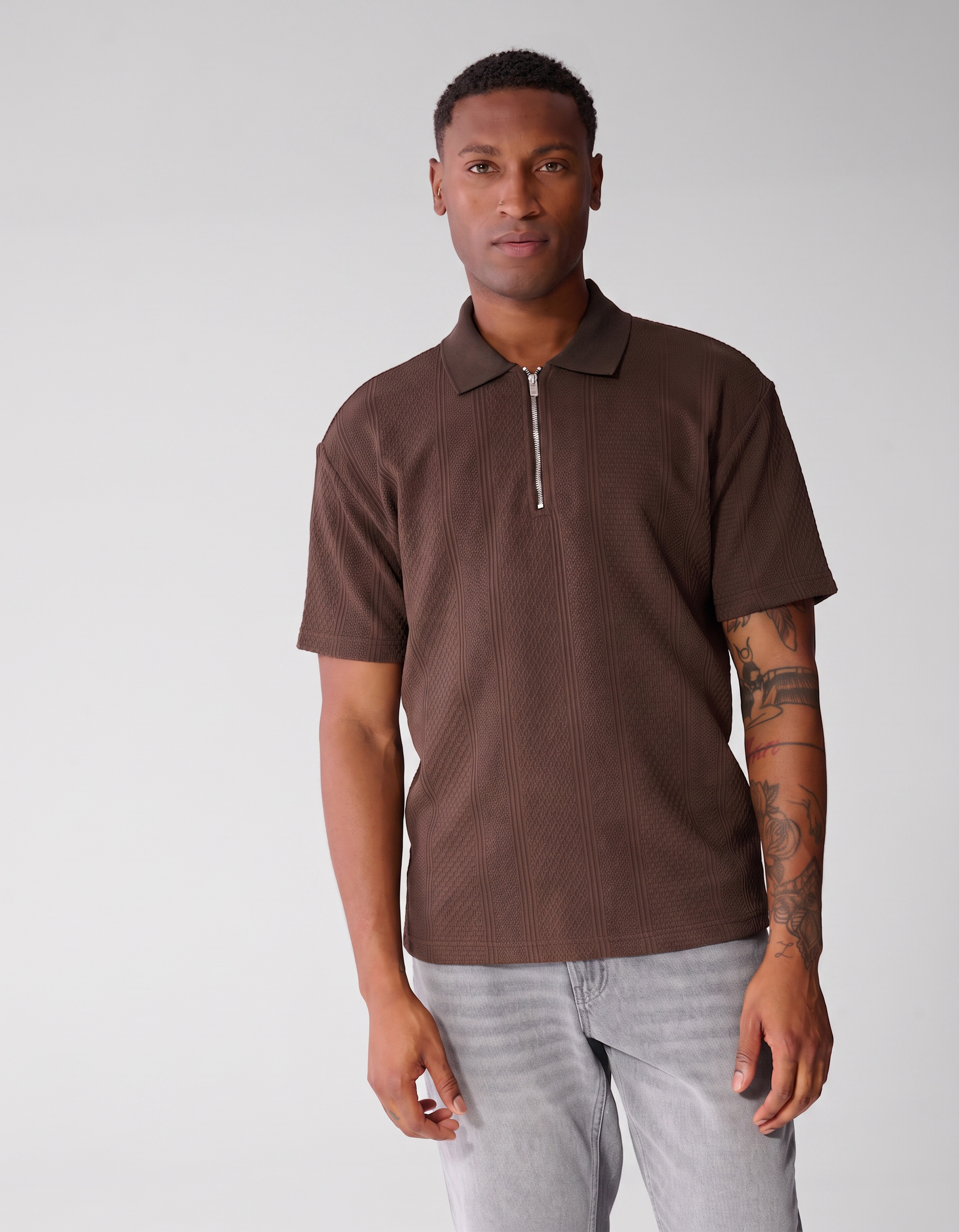 Stripe Structuur Zip Polo Donkerbruin SHOEBY MEN