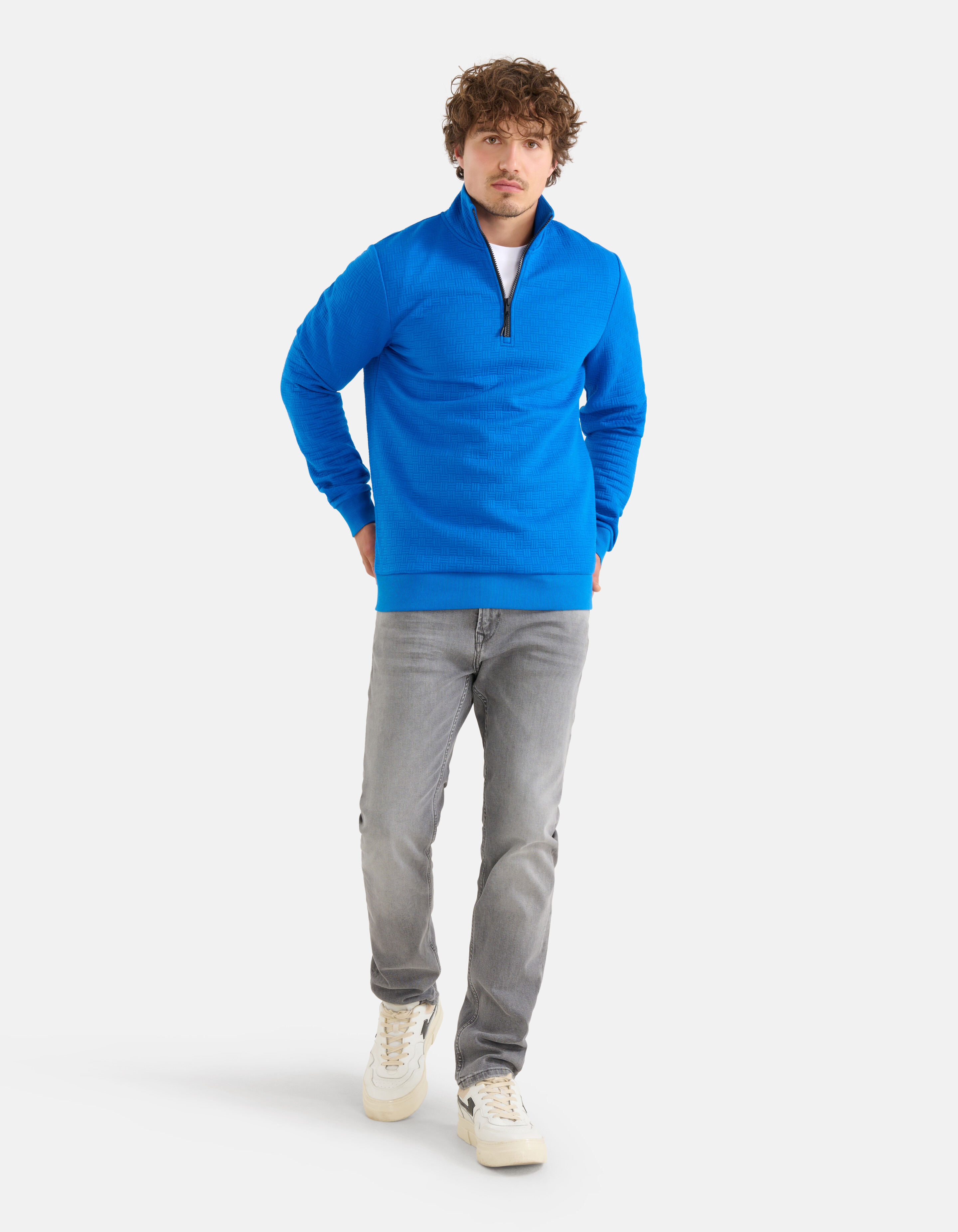 Half Zip Quilted Structuur Sweater Blauw SHOEBY MEN