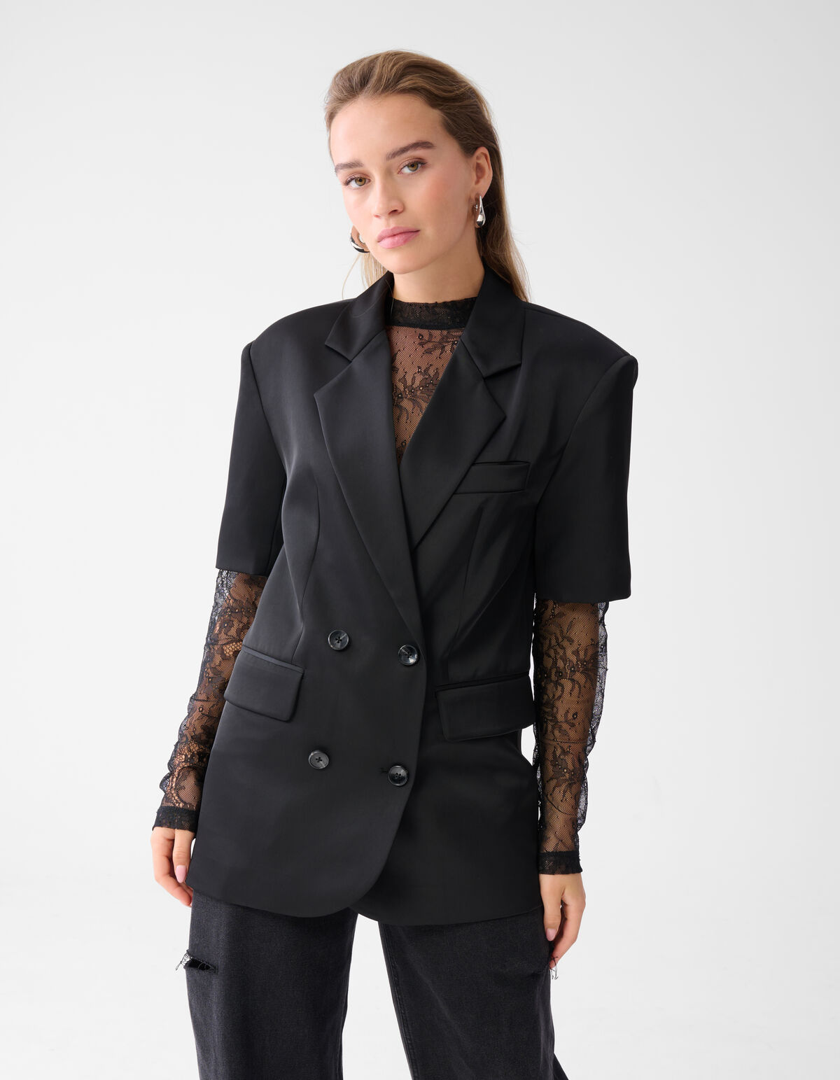 Oversized Blazer Korte Mouw Zwart By Monica SHOEBY WOMEN