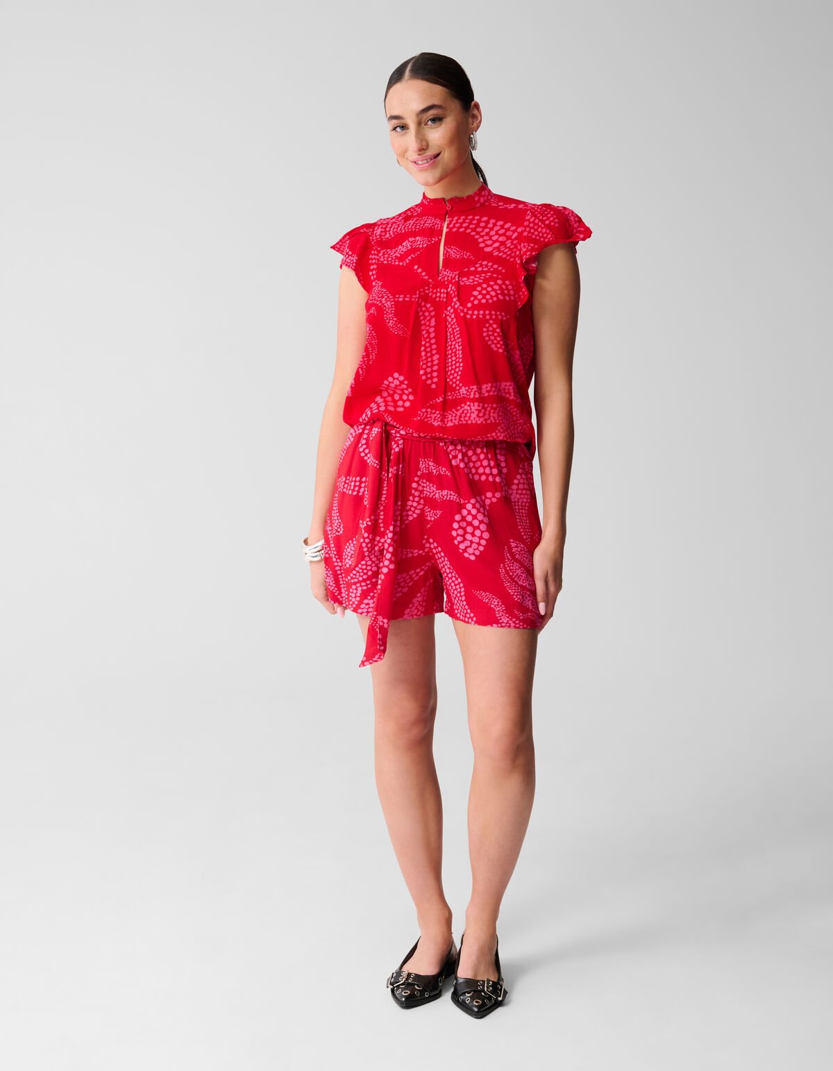 Printed Ruffle Top Rood SHOEBY WOMEN