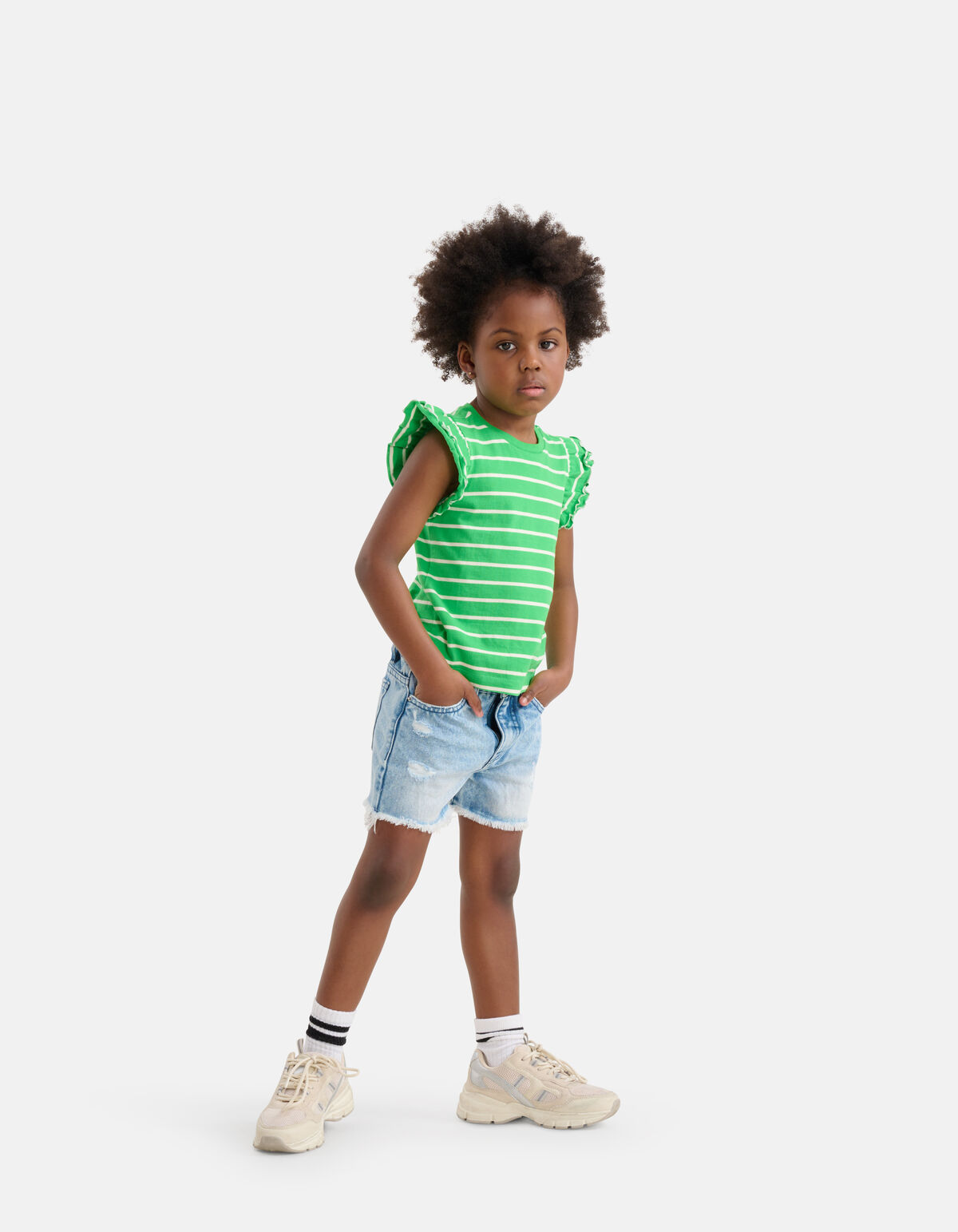 Gestreepte Ruffle Top Groen/Wit SHOEBY GIRLS