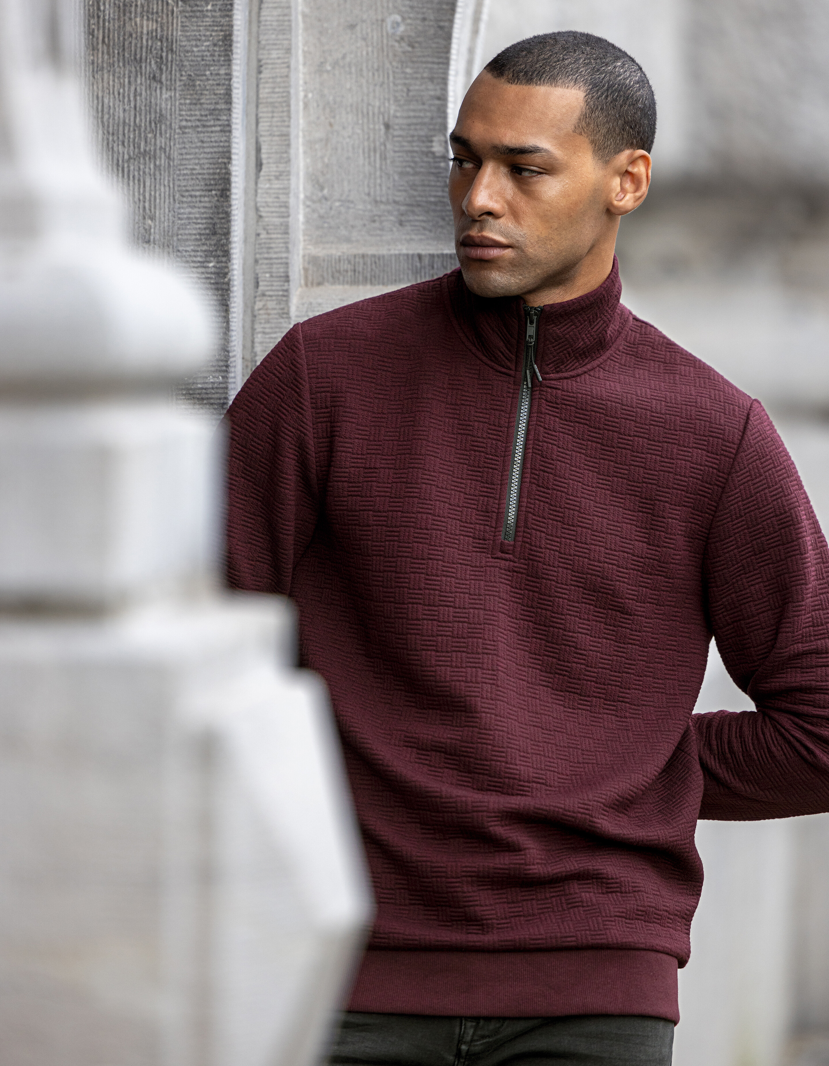 Half Zip Quilted Structuur Sweater Bordeaux SHOEBY MEN