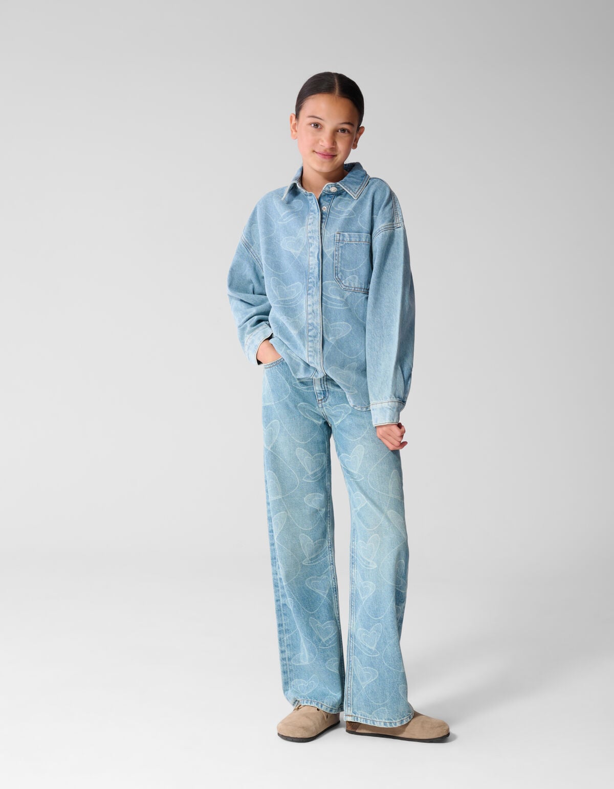 Denim Heart Print Blouse Blauw SHOEBY GIRLS