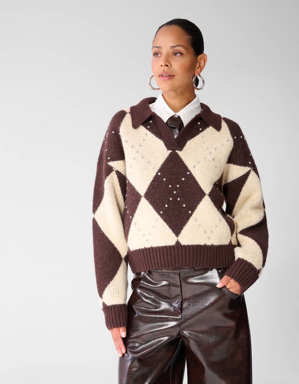 Relaxed Fit Ruiten Trui Bruin/Ecru SHOEBY WOMEN