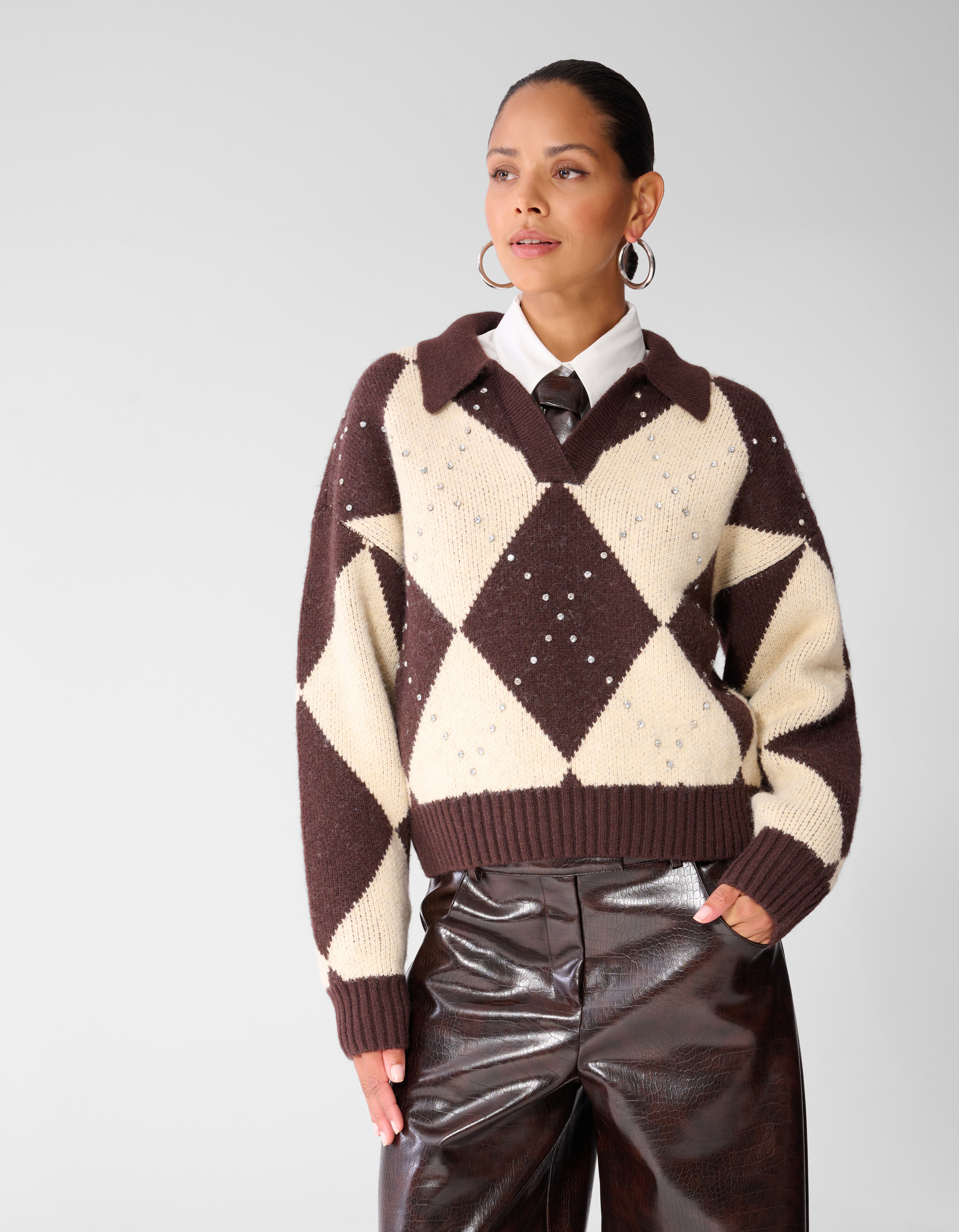Relaxed Fit Ruiten Trui Bruin/Ecru SHOEBY WOMEN