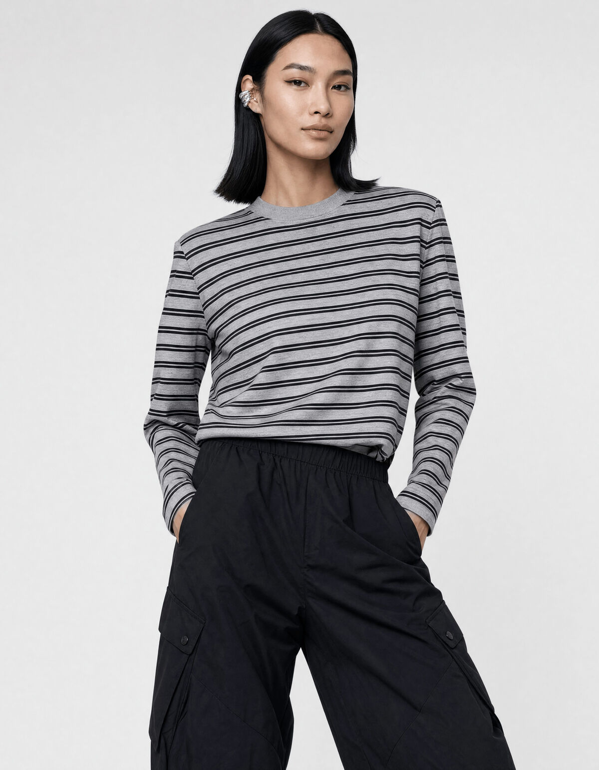Shoulder Stripe Longsleeve T-shirt Grijs/Zwart SHOEBY WOMEN