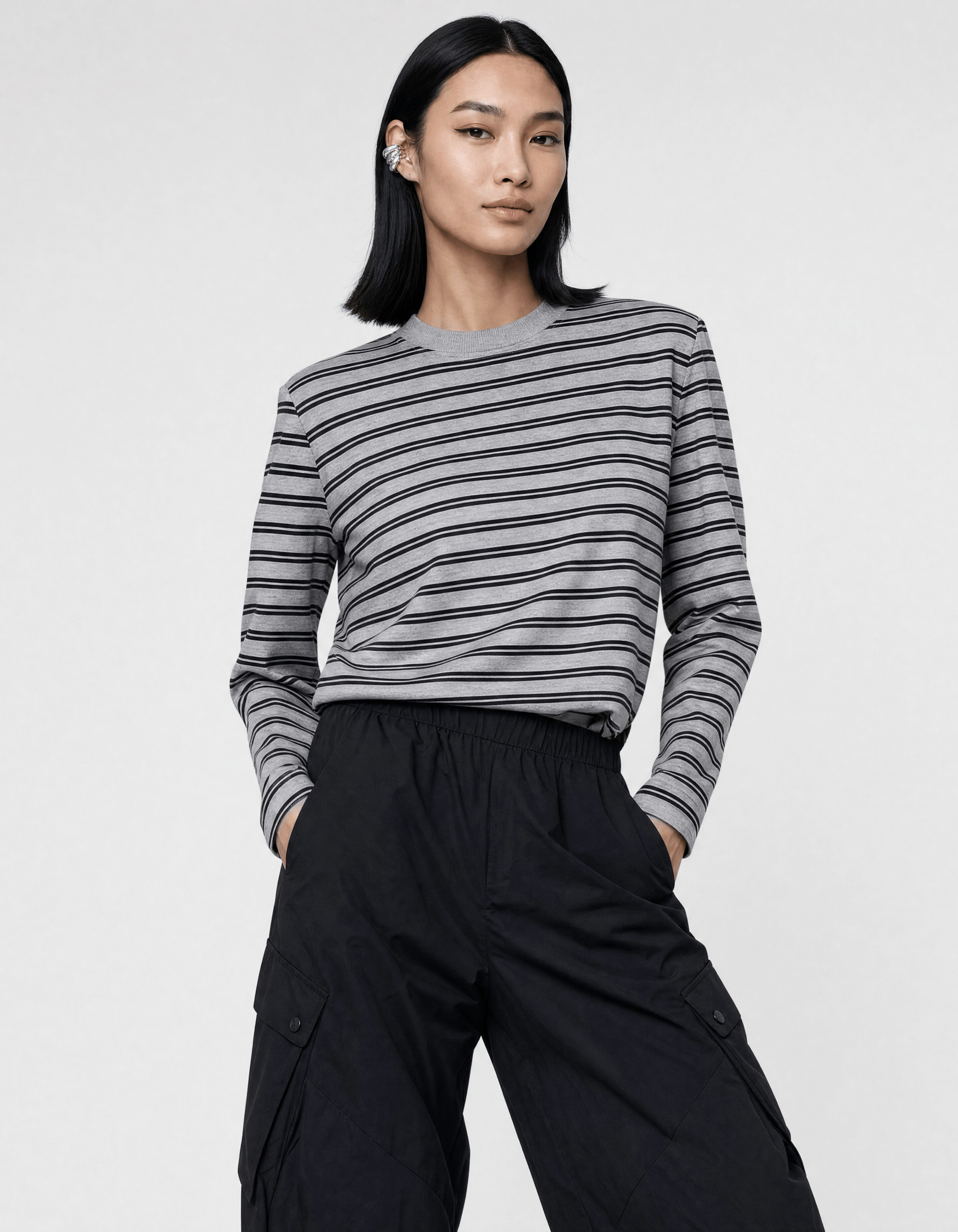 Shoulder Stripe Longsleeve T-shirt Grijs/Zwart SHOEBY WOMEN