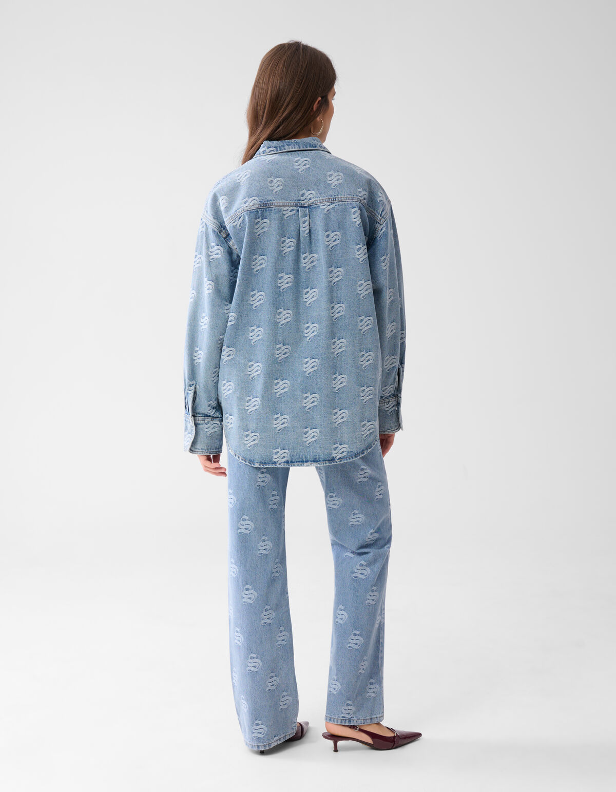 Jacquard Logo Denim Blouse Mediumstone SHOEBY WOMEN