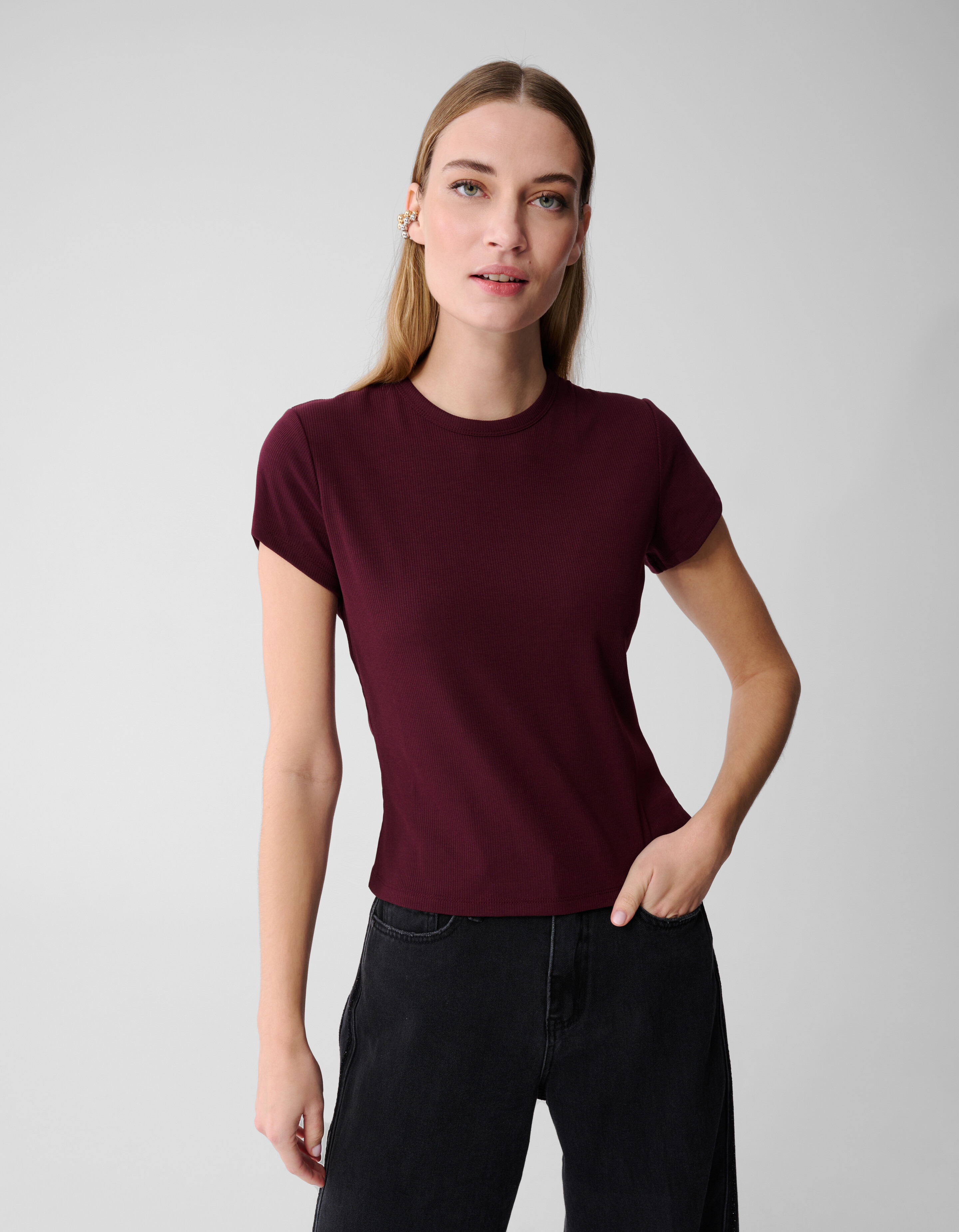 Rib T-shirt Donkerrood SHOEBY WOMEN
