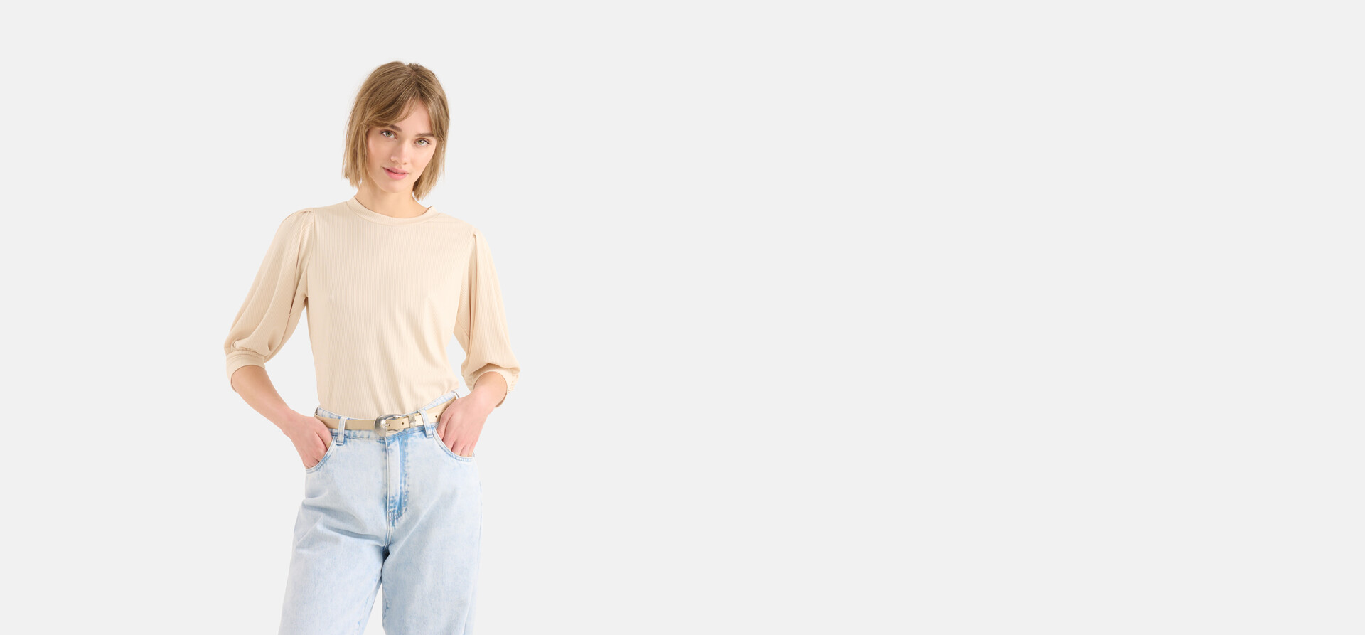 Rib V-hals Top Beige SHOEBY WOMEN