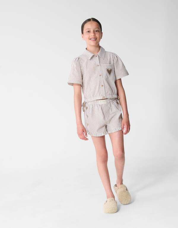 Pinstripe Embroidery Blouse Bruin SHOEBY GIRLS