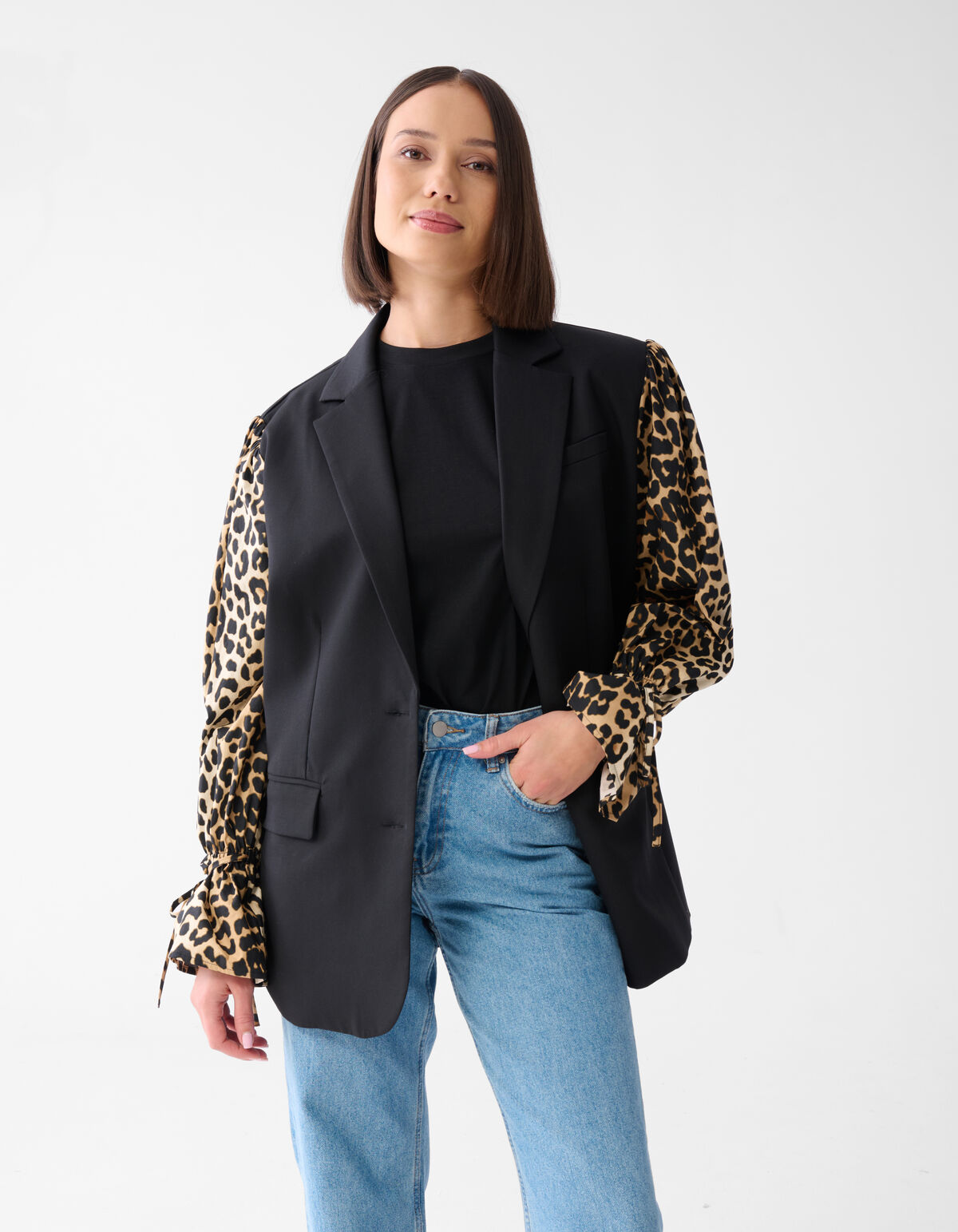 Leopard Poplin Sleeve Blazer Zwart SHOEBY WOMEN