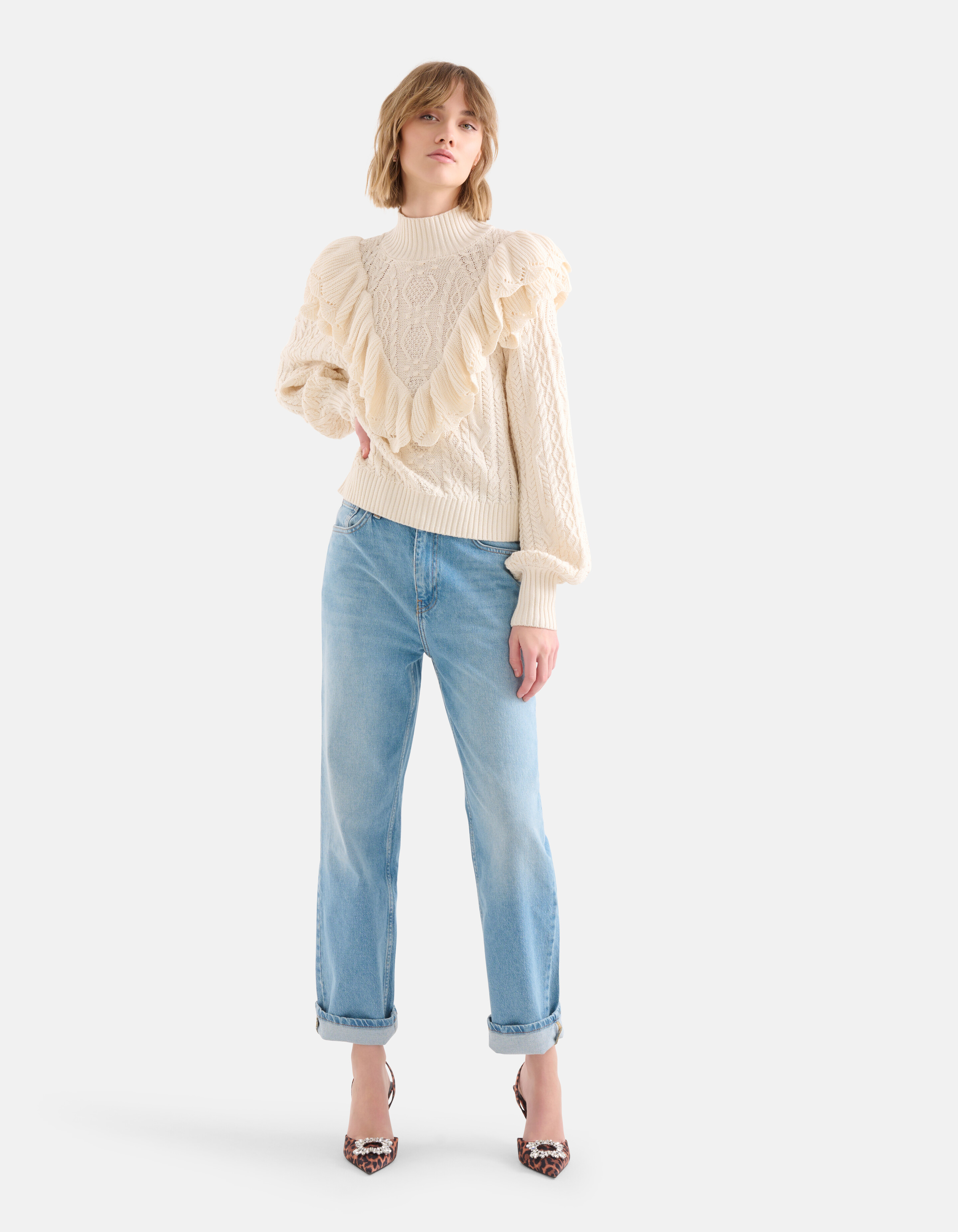 Ruffle Kabeltrui Gebroken Wit SHOEBY WOMEN