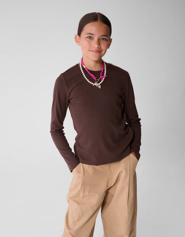 Strass Rib Longsleeve Top Donkerbruin SHOEBY GIRLS