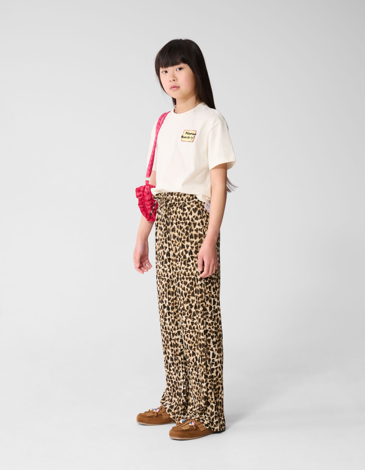 Leopard Pliss&eacute; Wide Leg Broek Lichtbruin SHOEBY GIRLS