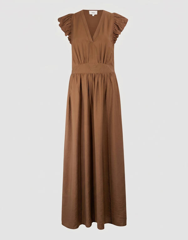Ruffle V-hals Maxi Jurk Donkerbruin SHOEBY WOMEN