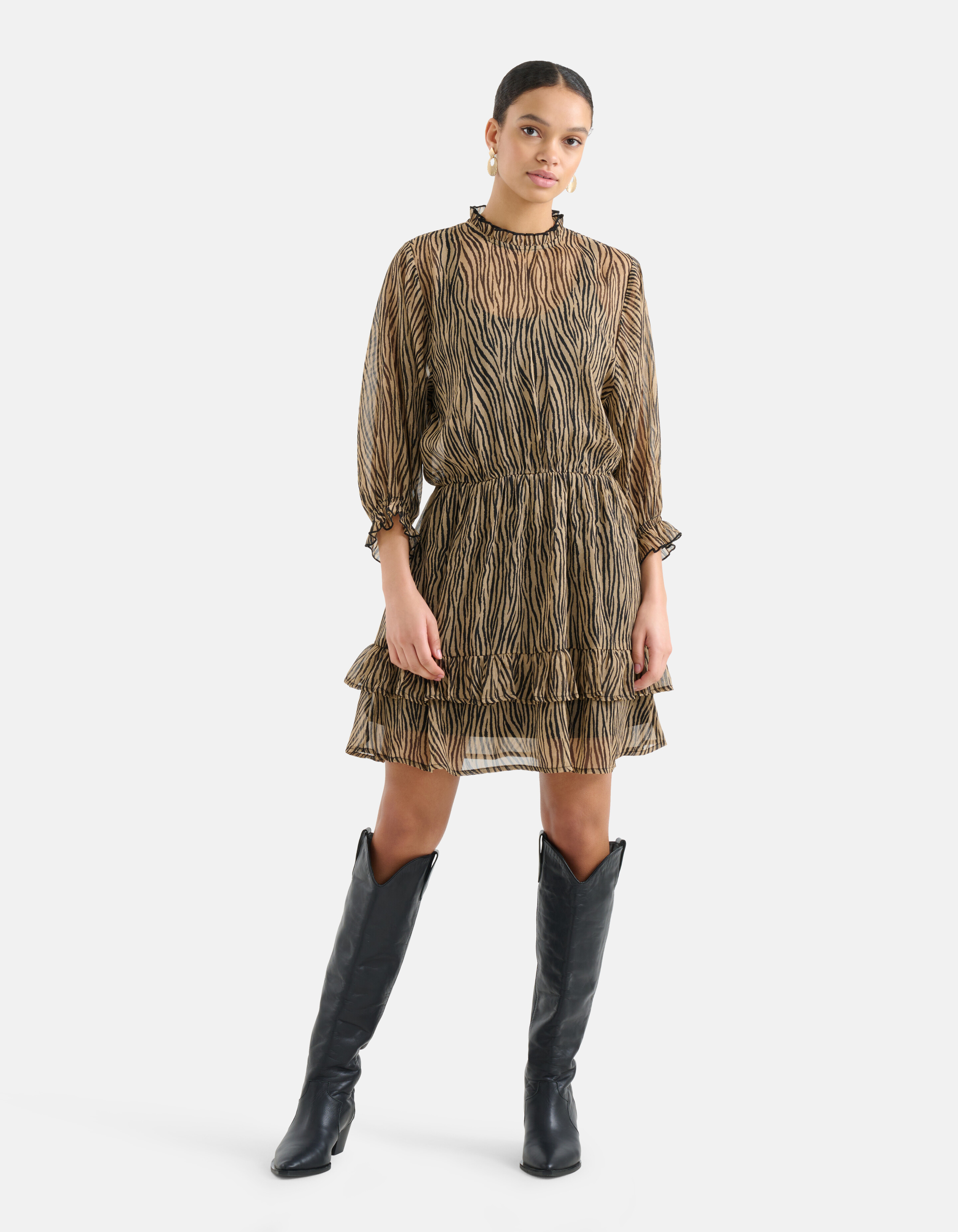 Printed Chiffon Jurk Zwart/Bruin SHOEBY WOMEN