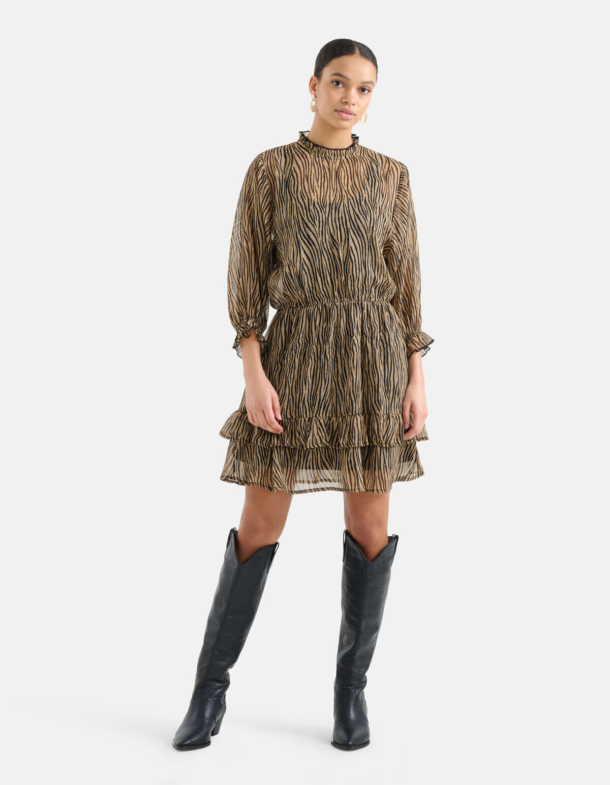 Printed Chiffon Jurk Zwart/Bruin SHOEBY WOMEN