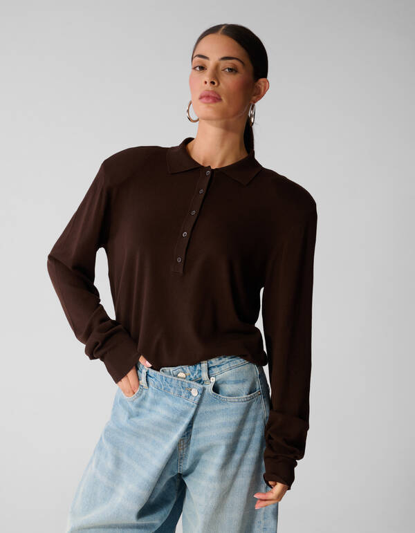 Gebreide Polo Longsleeve Bruin SHOEBY WOMEN