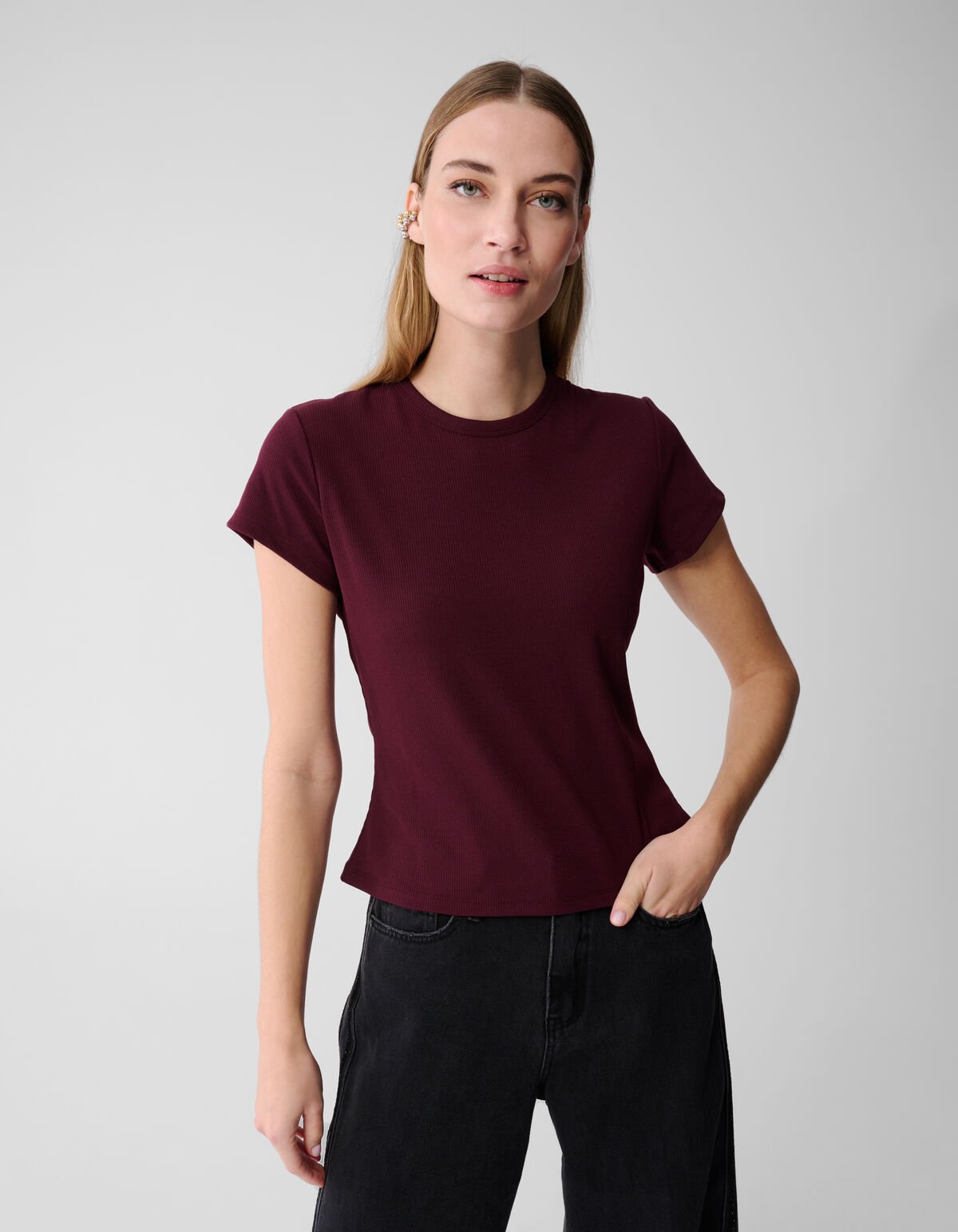 Rib T-shirt Donkerrood SHOEBY WOMEN