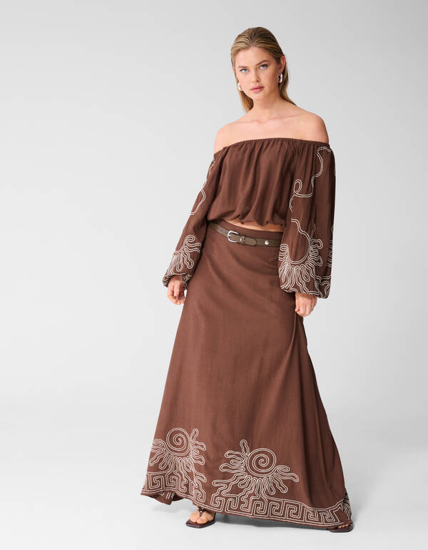 Embroidery Maxi Rok Bruin SHOEBY WOMEN