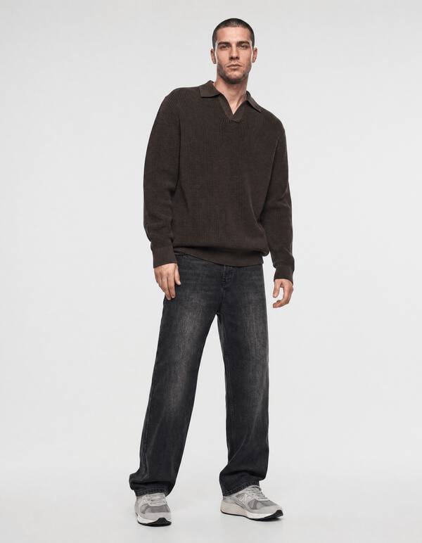 Gebreide Longsleeve Polo Trui Donkerbruin SHOEBY MEN