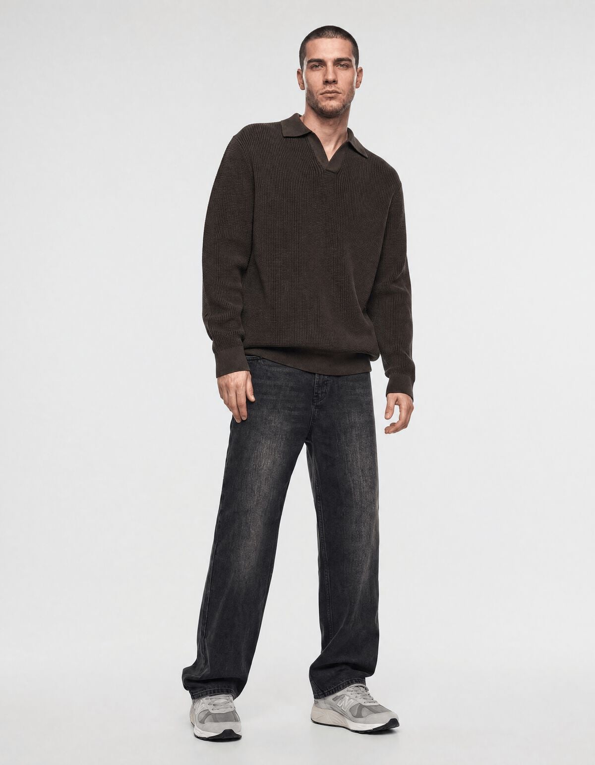 Gebreide Longsleeve Polo Trui Donkerbruin SHOEBY MEN