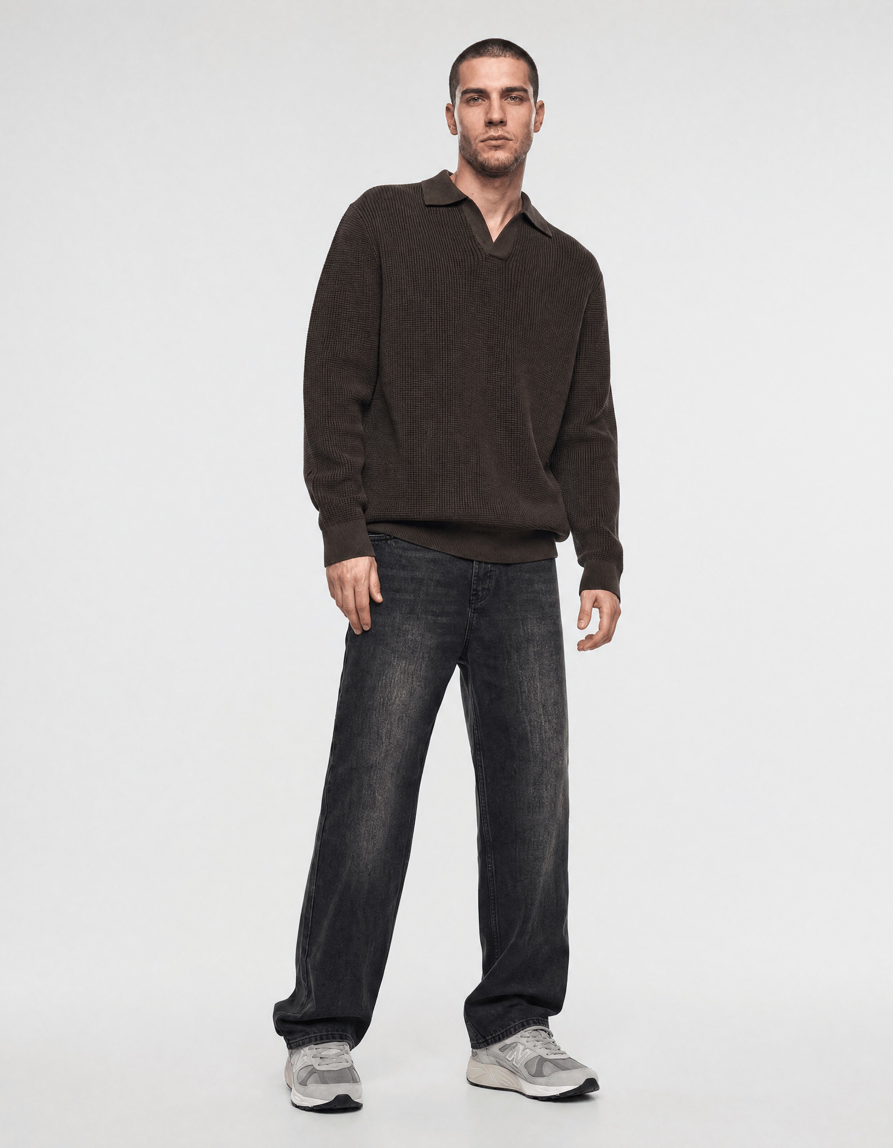 Gebreide Longsleeve Polo Trui Donkerbruin SHOEBY MEN